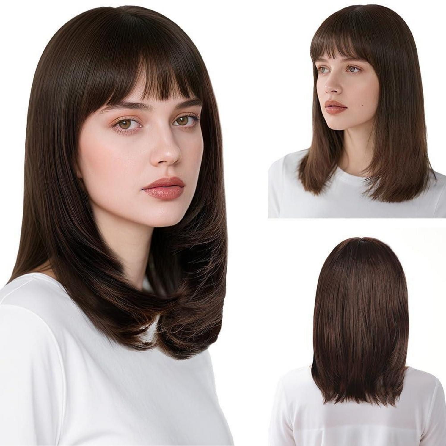 LuxusKollektion Kostüm-Perücke Perücke Bob Pony Haarteil Haarnetz Cosplay 3PC 35 cm dunkelbraun glatt