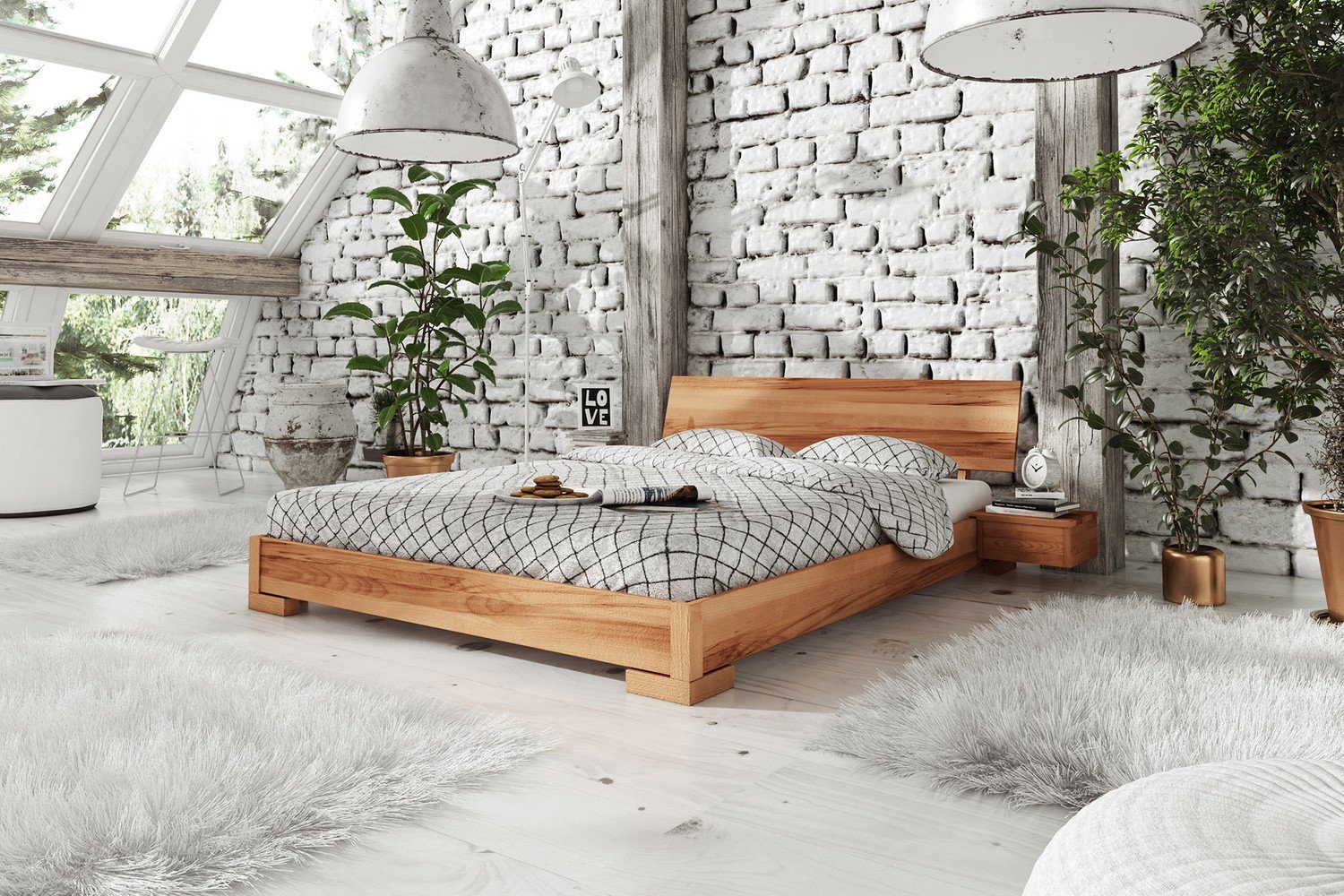 Natur24 Einzelbett Bett Bento 3 Kernbuche massiv 140x200 mit Holzkopfteil  und Holzbeinen