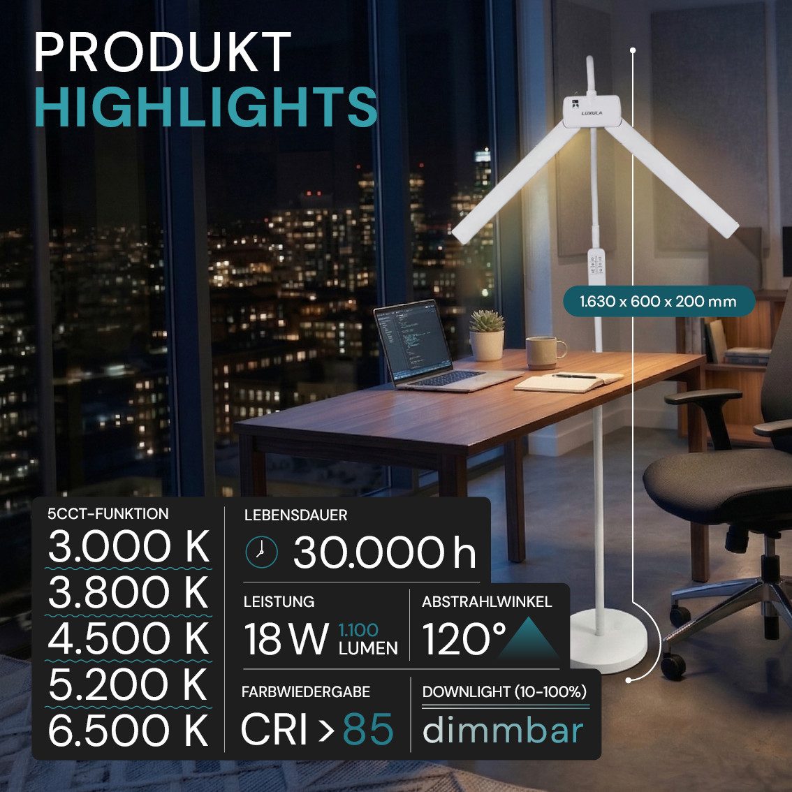 LUXULA LED Stehlampe Doppelkopf-Leuchte, LED fest integriert, 3000- 6500K Warm- Kaltweiß, Kontaktloser Sensor, Flexible Leuchte