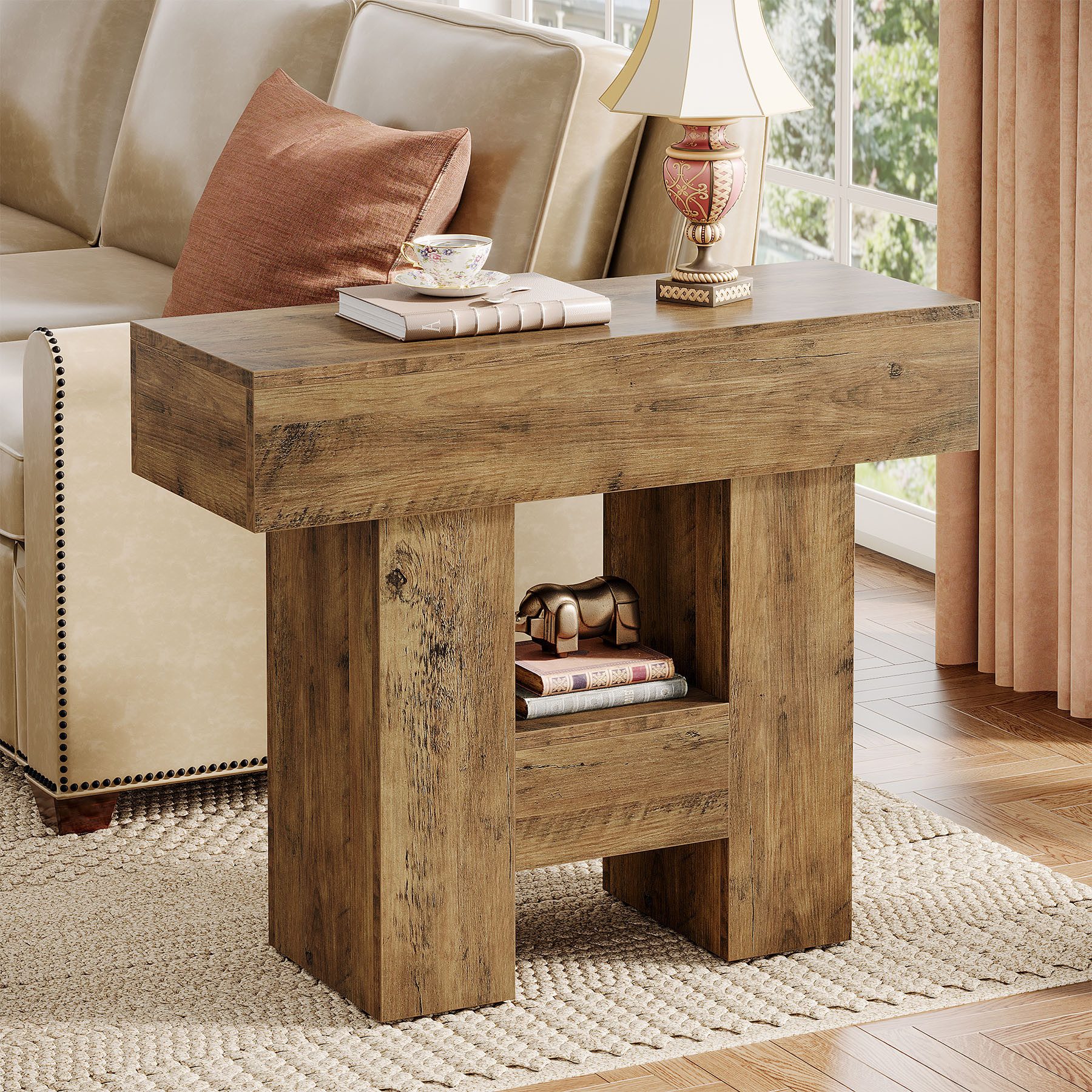 Tribesigns Beistelltisch Couchtisch mit 2 Ablagen, Sofatisch Schmaler Nachttisch Holz, Braun