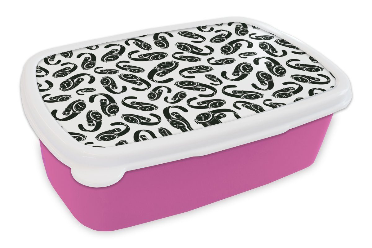 MuchoWow Lunchbox Uhr - Schwarz und Weiß - Muster, Kunststoff, (2-tlg), Brotbox für Erwachsene, Brotdose Kinder, Snackbox, Mädchen, Kunststoff rosa
