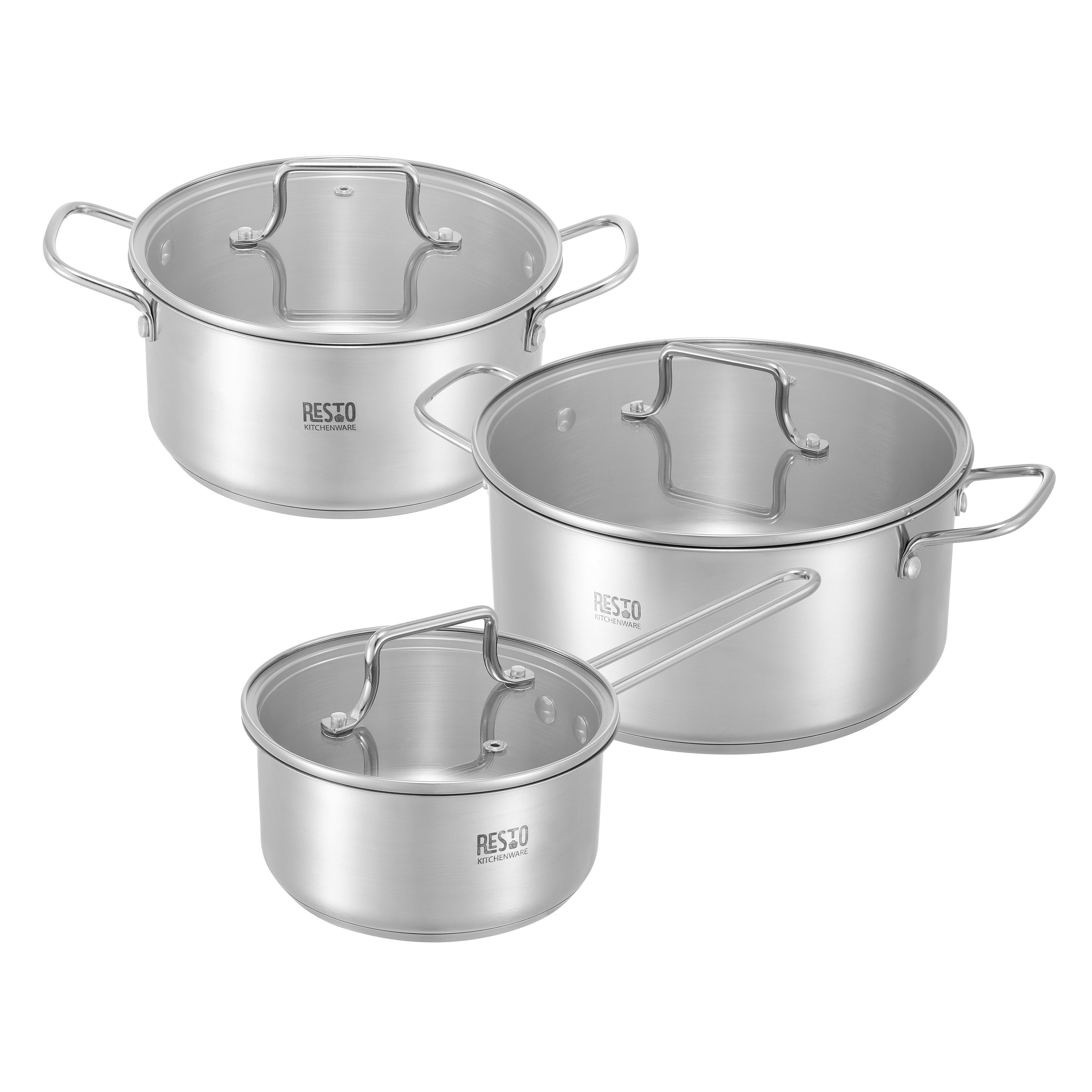 RESTO Kitchenware Topf-Set GINAN im Geschenkkarton, spülmaschinengeeignet, Edelstahl 18/10 (Set, 6-tlg., 1x Soßentopf Ø 16 cm mit Deckel, je 2x Kochtopf Ø 20/24 cm mit Deckel), für alle Herdarten geeignet, auch Induktion