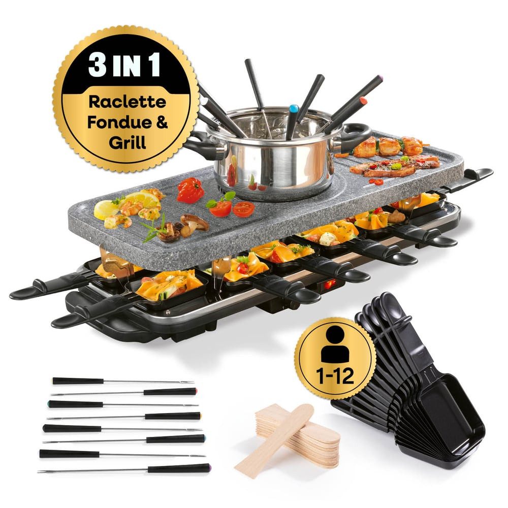 GOURMETmaxx Raclette und Fondue-Set inkl. Pfännchen & Zubehör - 12 Personen, GRANITlook, Elektro Raclette Grill, Pfännchen & Zubehör, Fondue