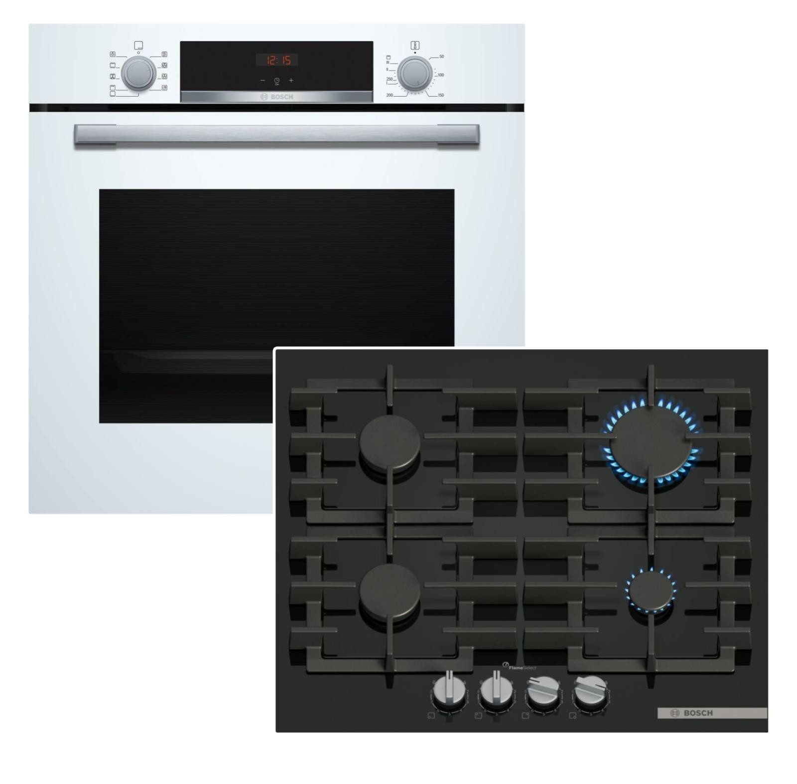 BOSCH Backofen-Set Gaskochfeld 60cm Weiß Schwarz 71l 3D Heißluft FlameSelect EcoClean A+, Hydrolyse