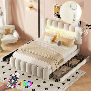 DOPWii Bett 140x200cm Polsterbett mit 4 Schubladen,LED-Lichtleiste,Dimmbar,mit USB und Stereoanlage,Polsterbet Bett,Grau/Beige