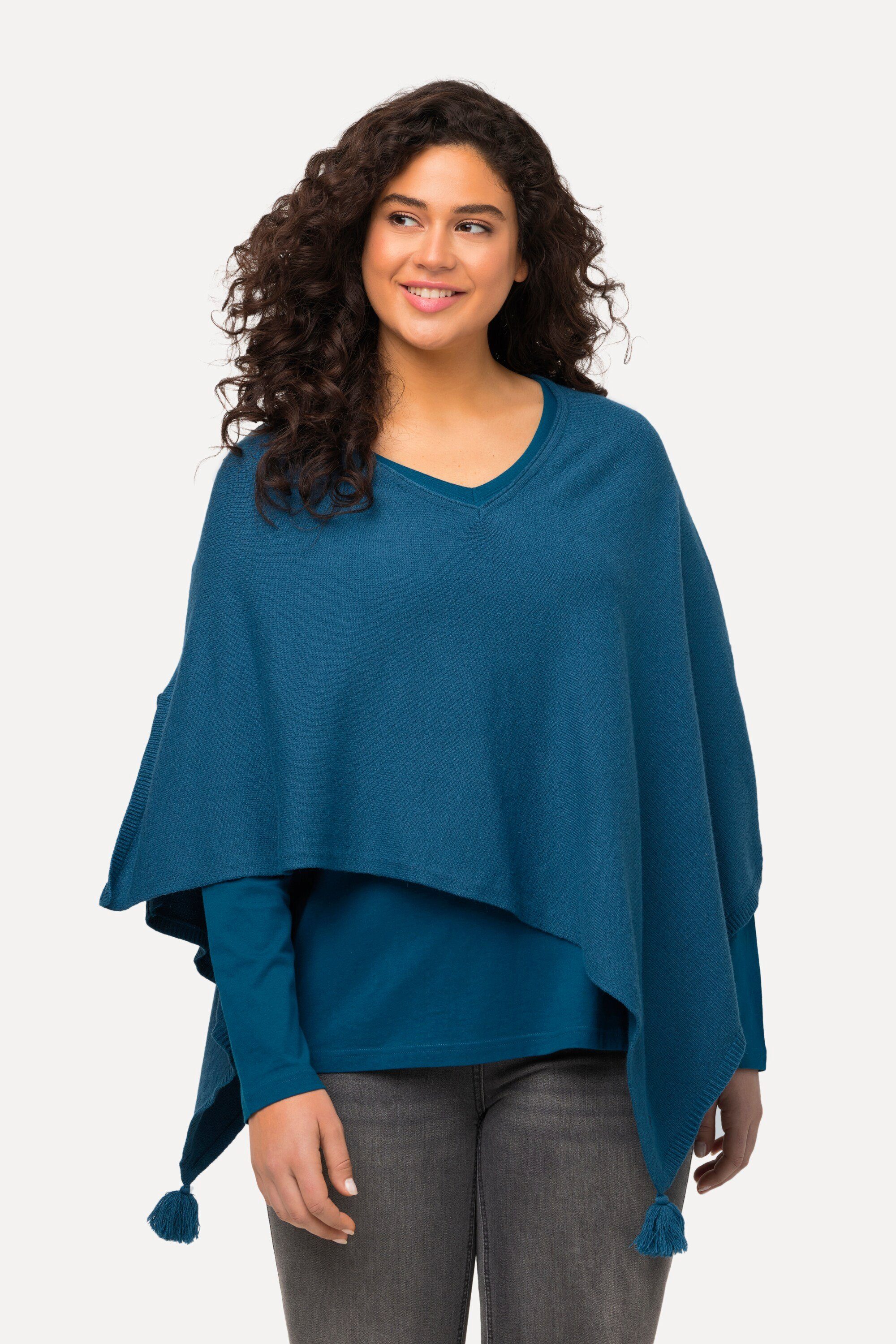 Ulla Popken Strickpullover Strick-Poncho Zipfelsaum Quaste V-Ausschnitt blaugrün