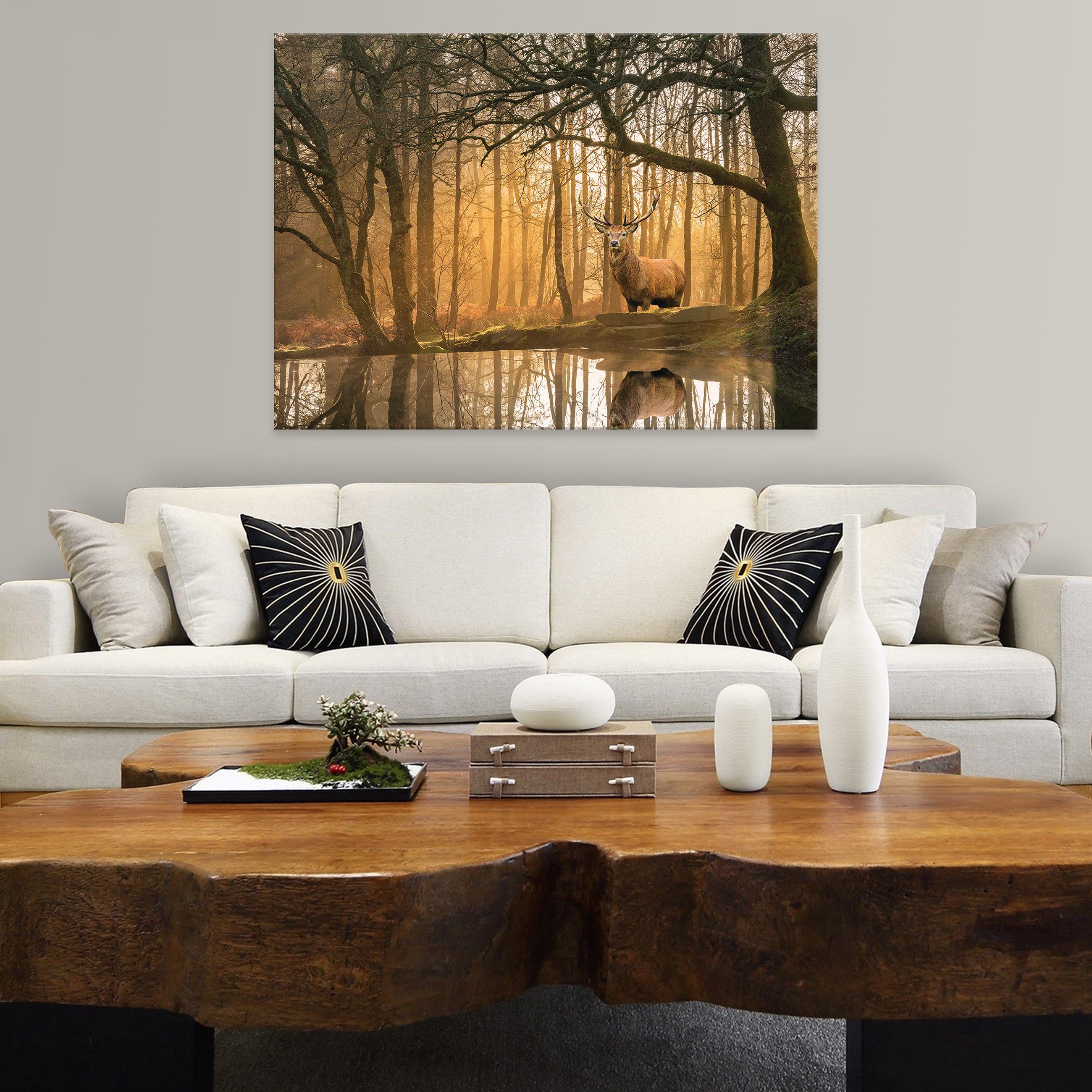 Wald Modern, Aufhängefertig Hirsche Wald Natur XXL Sonne Wallarena Tiere Leinwandbild im Wandbild (Einteilig), Leinwandbilder Hirsch