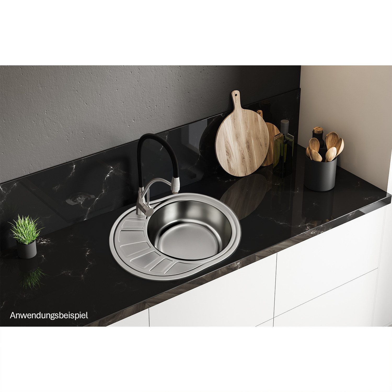 Stabilo Sanitär Edelstahlspüle Einbauspülbecken Chrom oval aus Edelstahl mit Abtropffläche links, 45.5/58 cm, (Komplett-Set, mit komplettem Siphon), Spüle ist R – Bild 2 von 5
