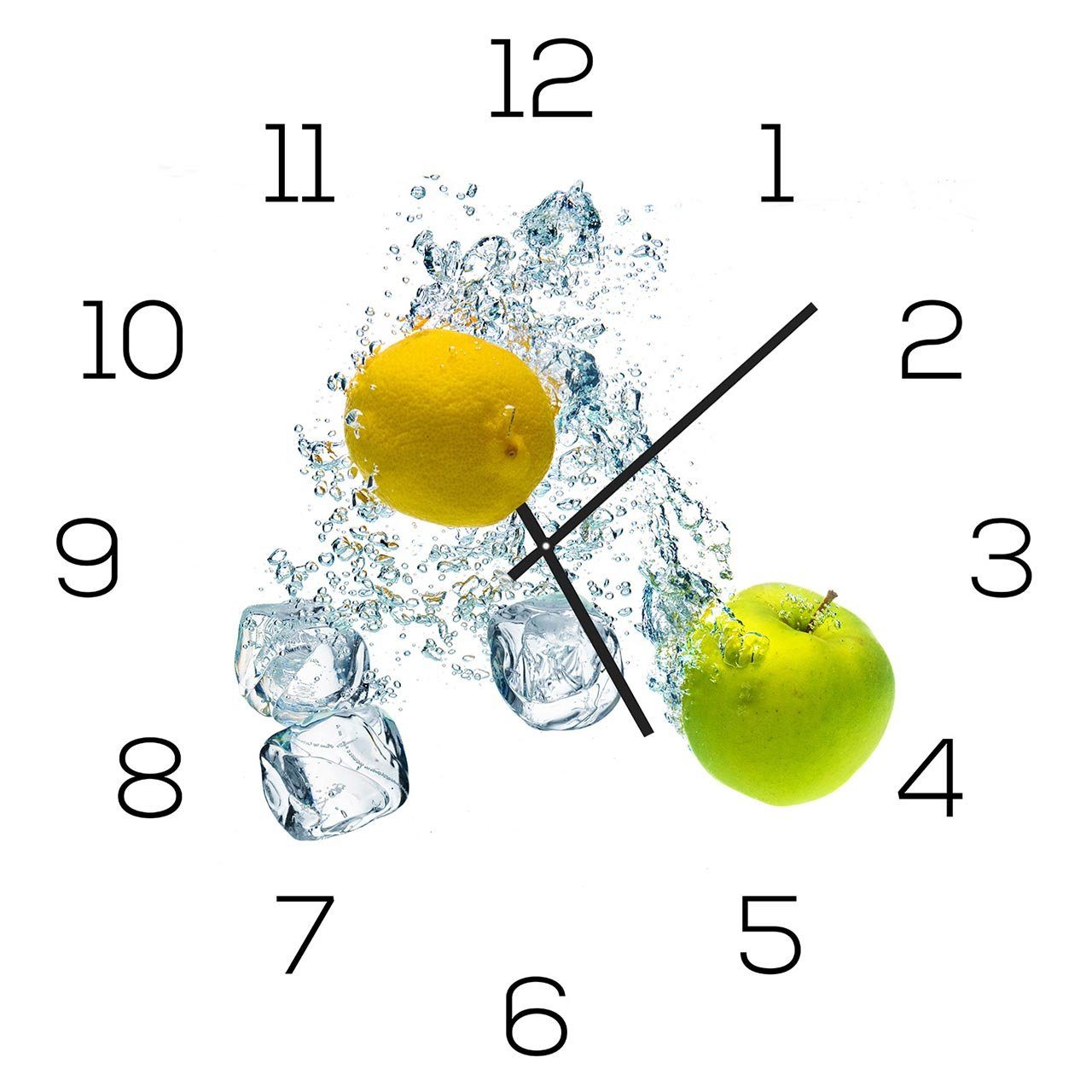 Levandeo® Wanduhr (Wanduhr aus Glas 30x30cm Uhr als Glasbild Küche Apfel Zitrone)