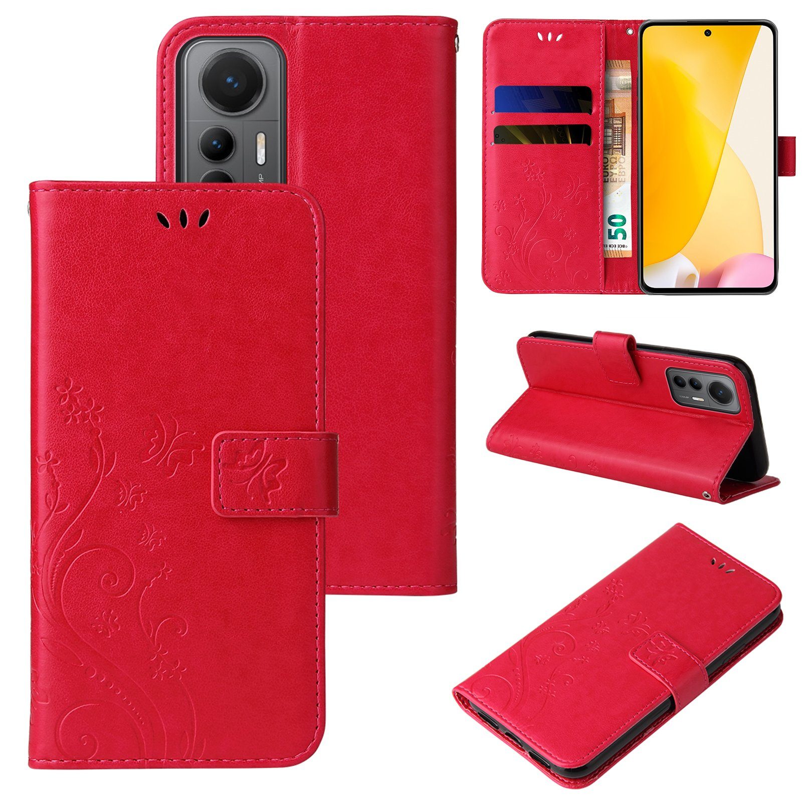 Tec-Expert Handyhülle Cover Tasche Hülle für Xiaomi 12 & 12X 6,79 Zoll, Klapphülle Case mit Kartenfach Fliphülle aufstellbar, Motiv Blumen