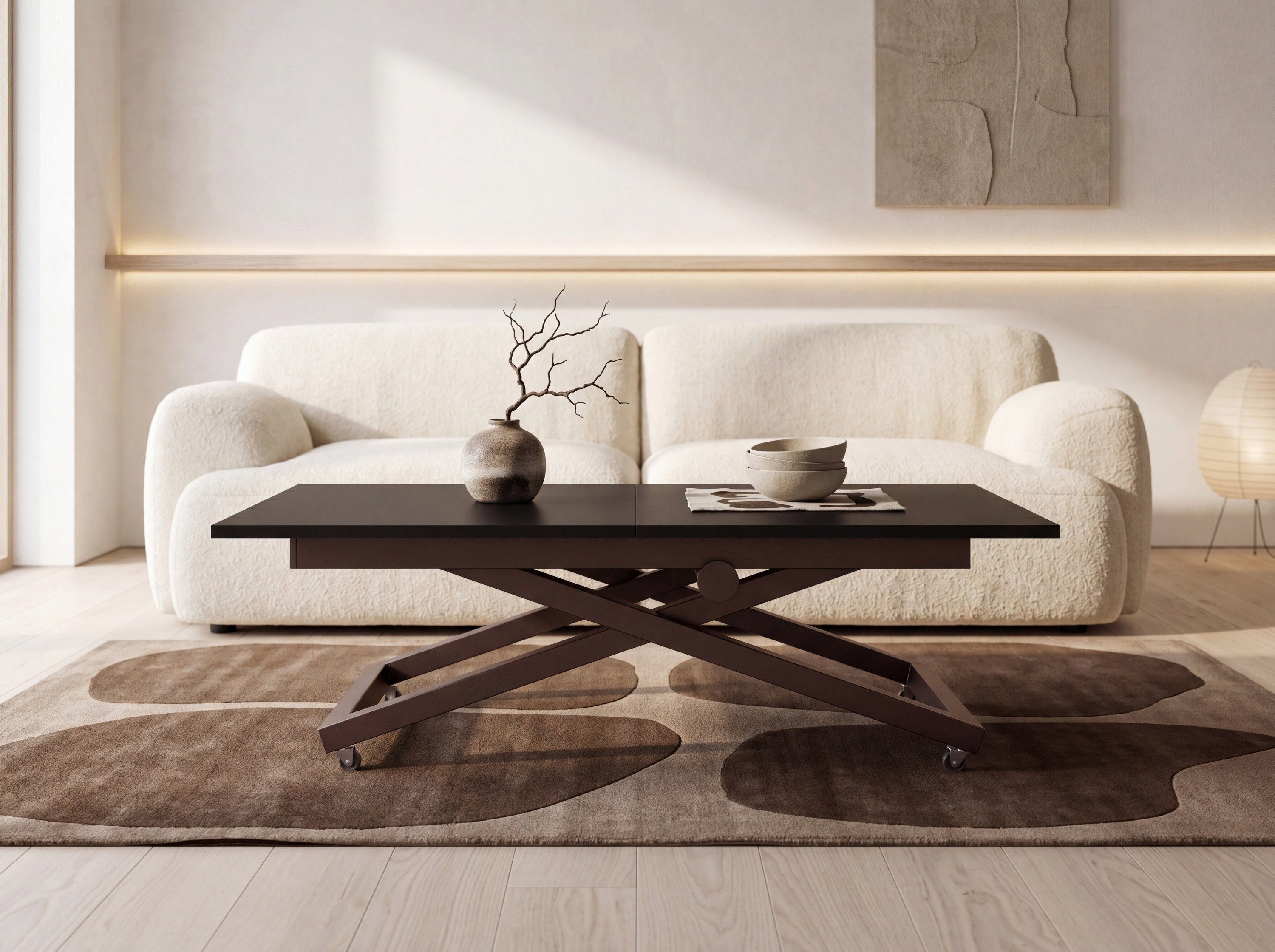WFL GROUP Couchtisch Axen Ausziehbarer Höhenverstellbarer Couchtisch mit X-Metallgestell (MADE IN EU, 120 x 80 cm ausziehbar auf 160 cm, höhenverstellbar von 38 bis 75 cm), Multifunktional Rechteckiger Wohnzimmertisch mit Rollen