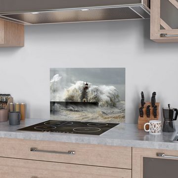 DEQORI Küchenrückwand 'Leuchtturm bei Sturmflut', Glas Spritzschutz Badrückwand Herdblende