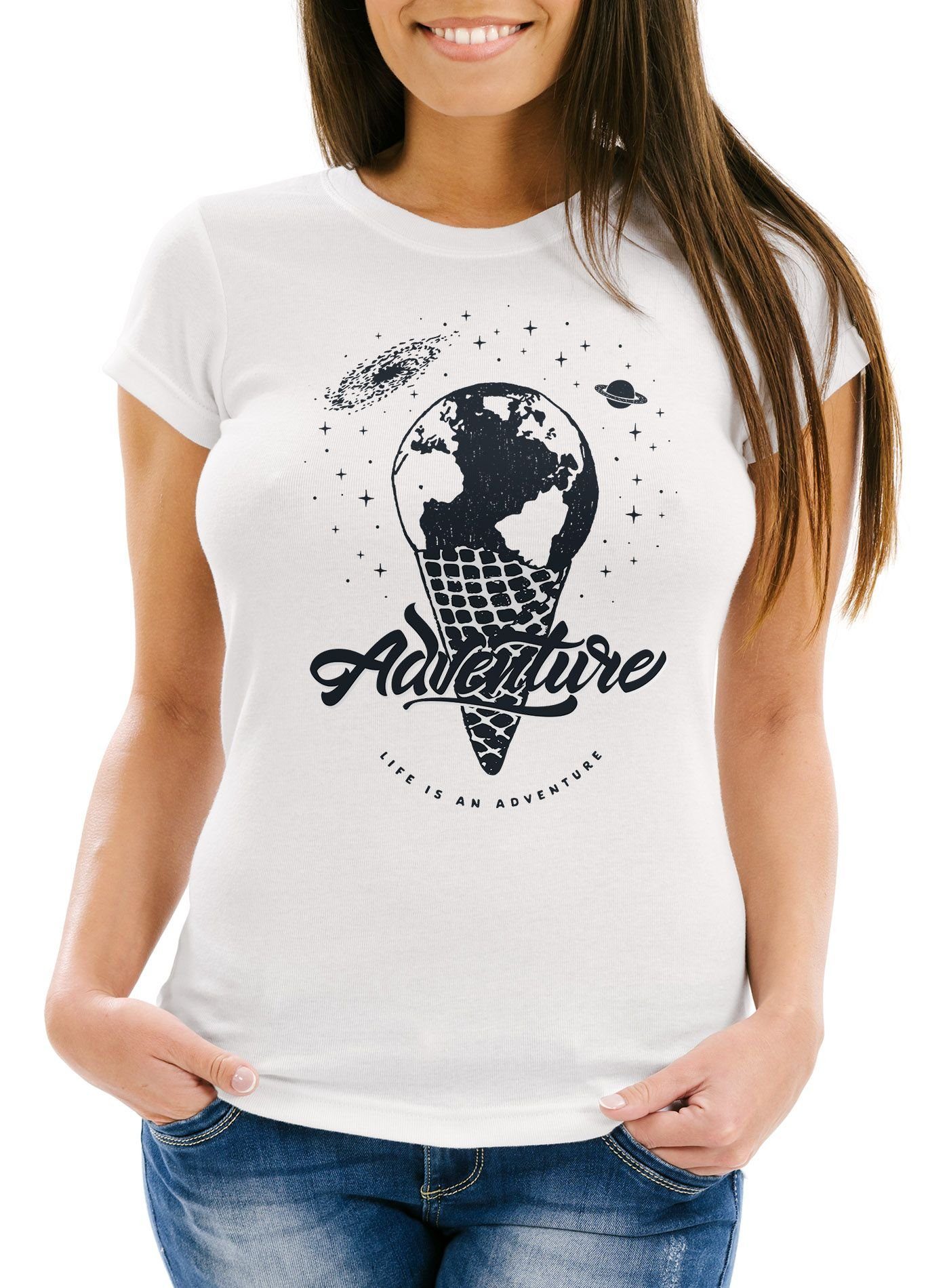 Print-Shirt Damen T-Shirt Weltkugel Erde Eis Eiswaffel Adventure Vintage Earth Weltkarte Slim Fit Neverless®