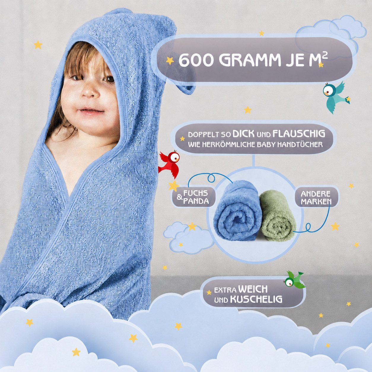 Fuchs & Panda Kapuzenhandtuch Kapuzenhandtuch Baby EXTRA dick, warm & weich aus 100% Bambus, 100% Bambus: Antimikrobiell, Atmungsaktiv, Hypoallergen, Superweich