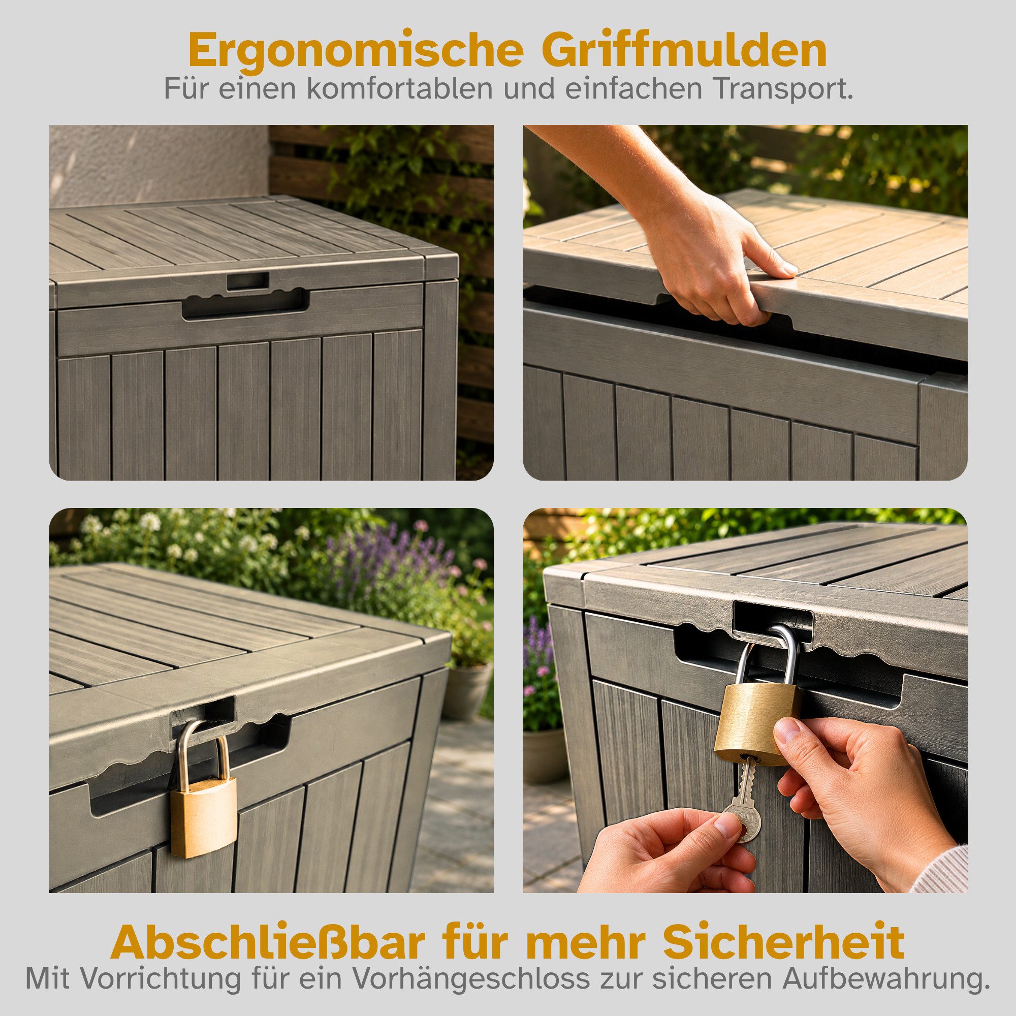 ONDIS24 Gartenbox City Cube Holzoptik Kissenbox Poolbox Sitztruhe 110L, UV,- und witterungsbeständig, abschließbar – Bild 5 von 5