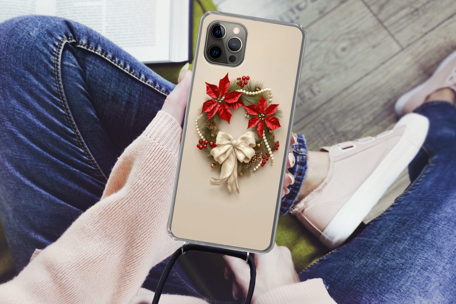 MuchoWow Handyhülle für Apple iPhone 13 Pro Türkranz - Schleife - Weihnachten - Rot - Grün, Tragbare Handyhüllen mit Kette zum umhängen, Handykette Handyband