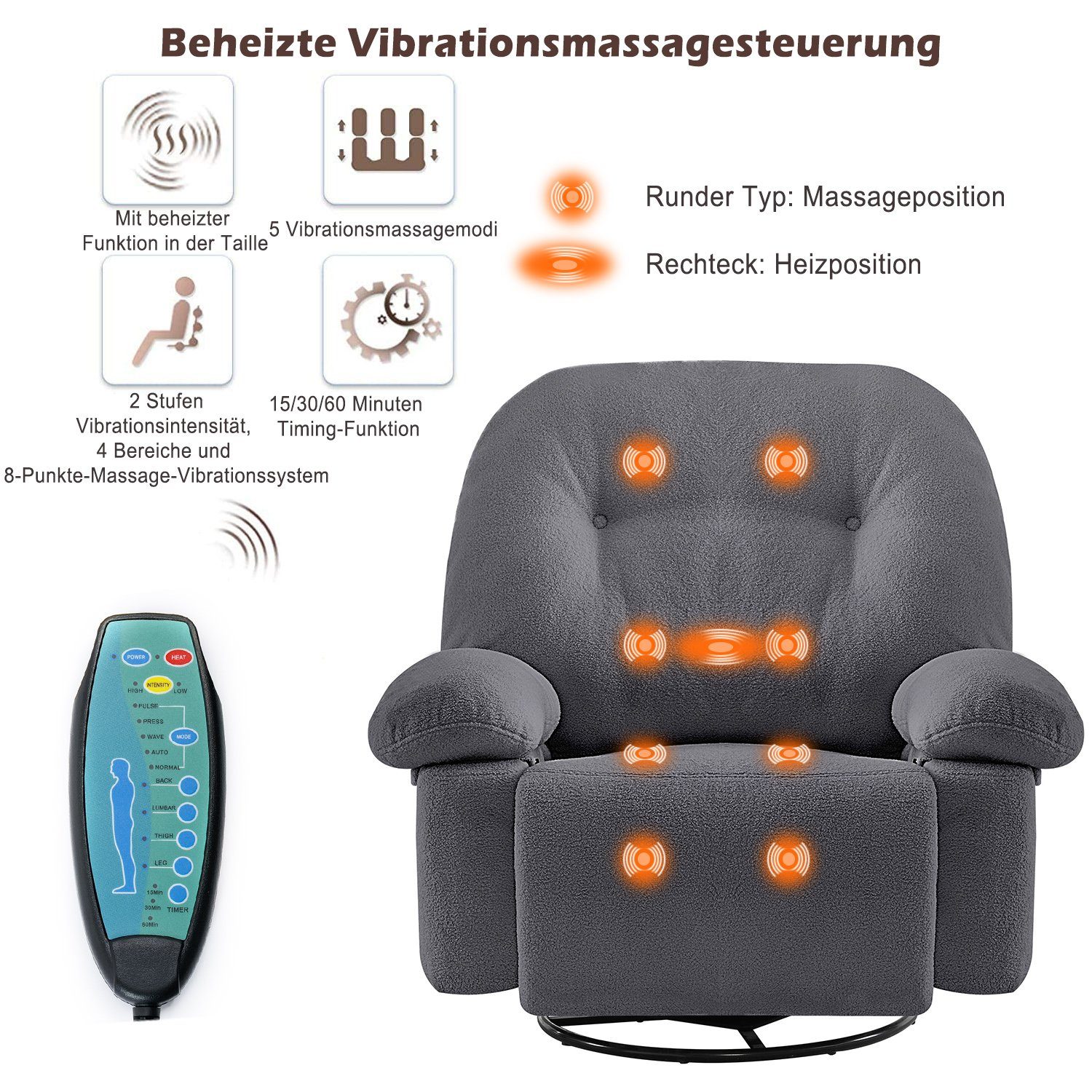 elektrisch Merax Vibration Timer, Wärmefunktion, mit mit Fernsehsessel und TV-Sessel Drehfunktion und Grau Relaxsessel 360° Fernbedienung, Massagessel mit