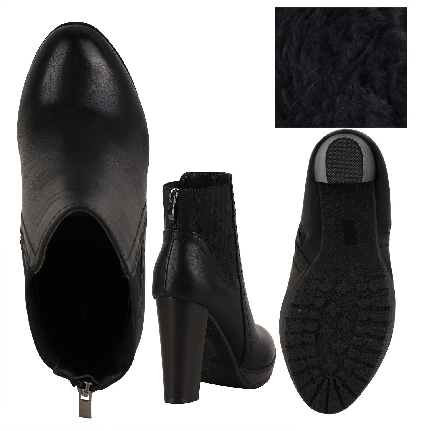 VAN HILL 78971 Ankleboots Damen Ankle Boots Plateau Stiefeletten Zipper Holzoptikabsatz