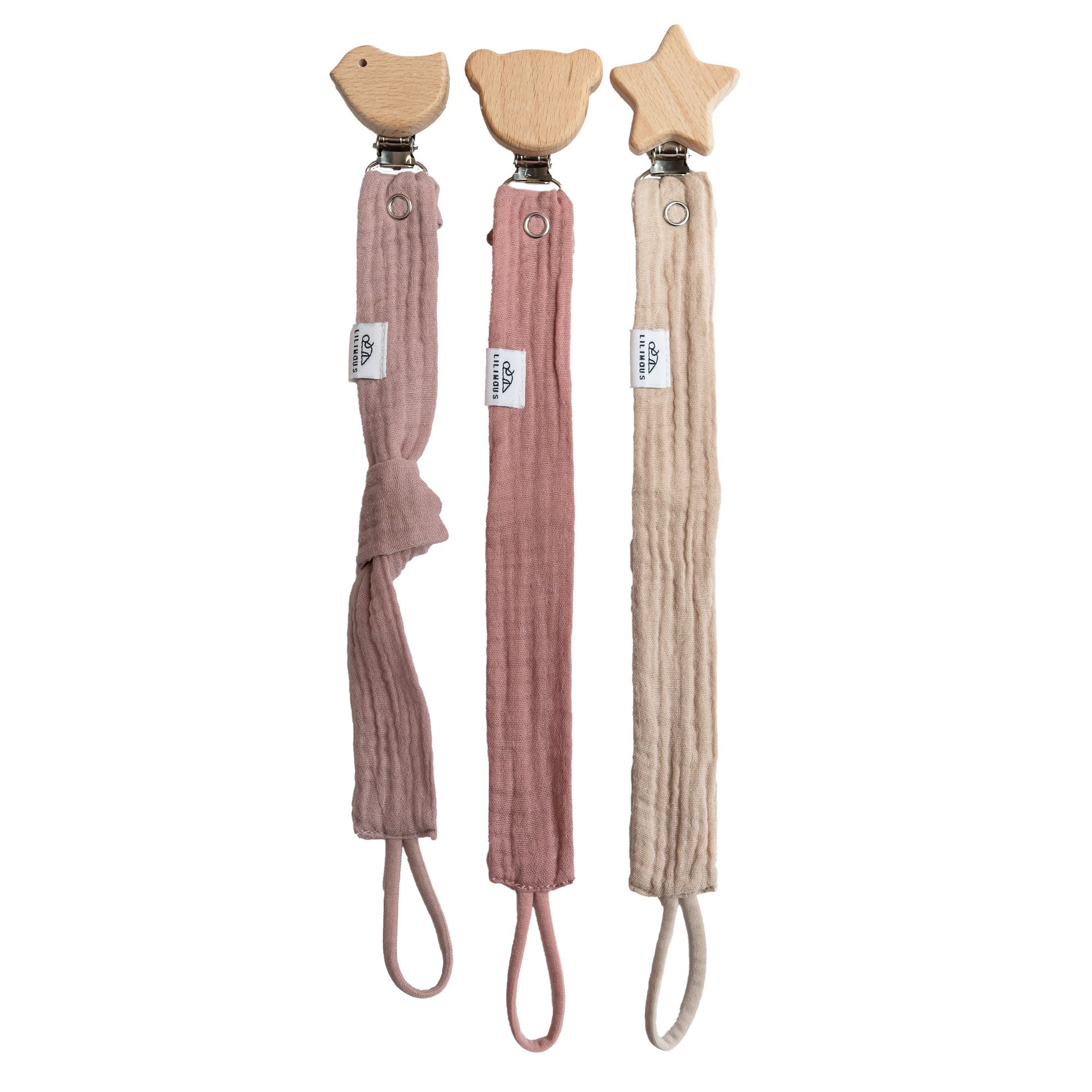 lilimaus Schnullerbefestigung Schnullerkette aus Musselin & Holz - handgemacht, (3-tlg), mit Holzclip & sicherer Länge - schadstoffgeprüfte Musselin-Baumwolle