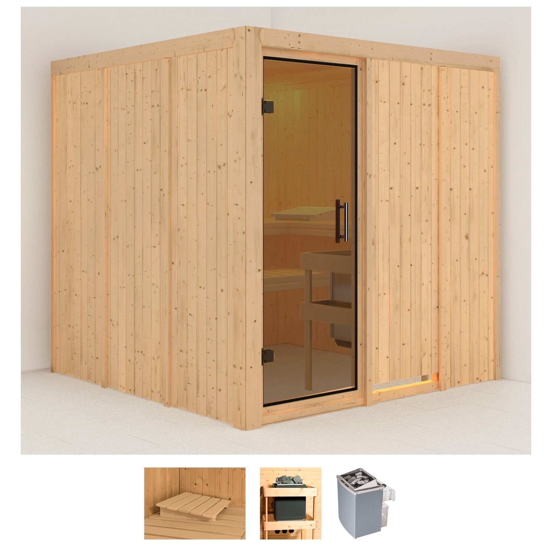 Karibu Sauna Rodin, BxTxH: 196 x 196 x 198 cm, 68 mm, (Set) Ofen 9 kW integr. Strg