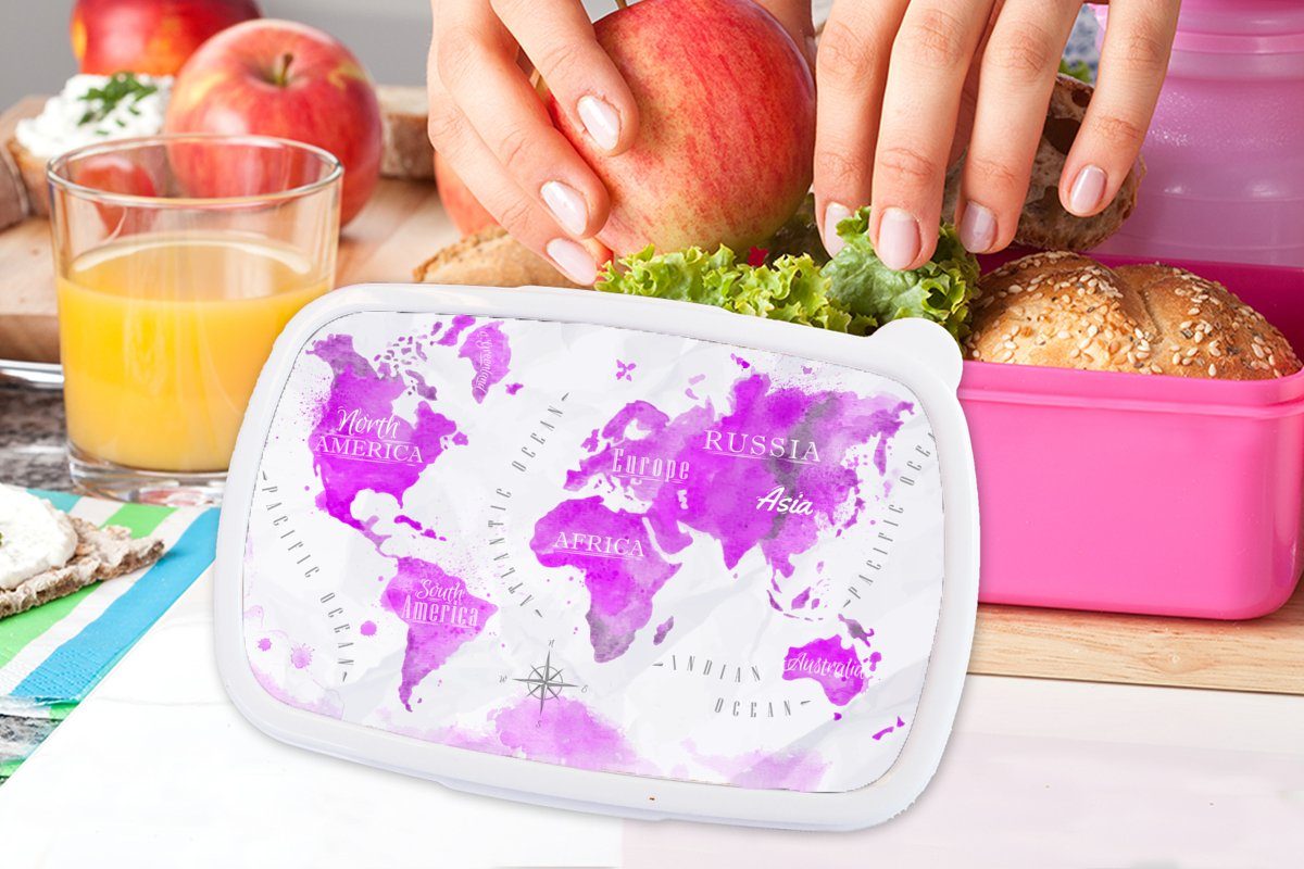 Mädchen, - Rosa Ölfarbe, Brotdose Kunststoff, - (2-tlg), Lunchbox MuchoWow Kinder, für Erwachsene, Brotbox Kunststoff Snackbox, Weltkarte