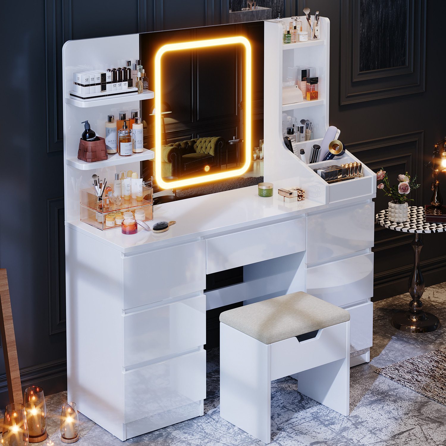 HOMALL Schminktisch Eingebaute LED-Beleuchtung, einstellbare Helligkeit, mit 7 Schubladen (Maße: 110 × 40 × 139 cm, mit verstellbarer LED-Spiegelbeleuchtung, drei wählbare Farbtöne + stufenlose Dimmung, 8 offene Ablagefächer + 7 Schubladen (Schubladenhöhe