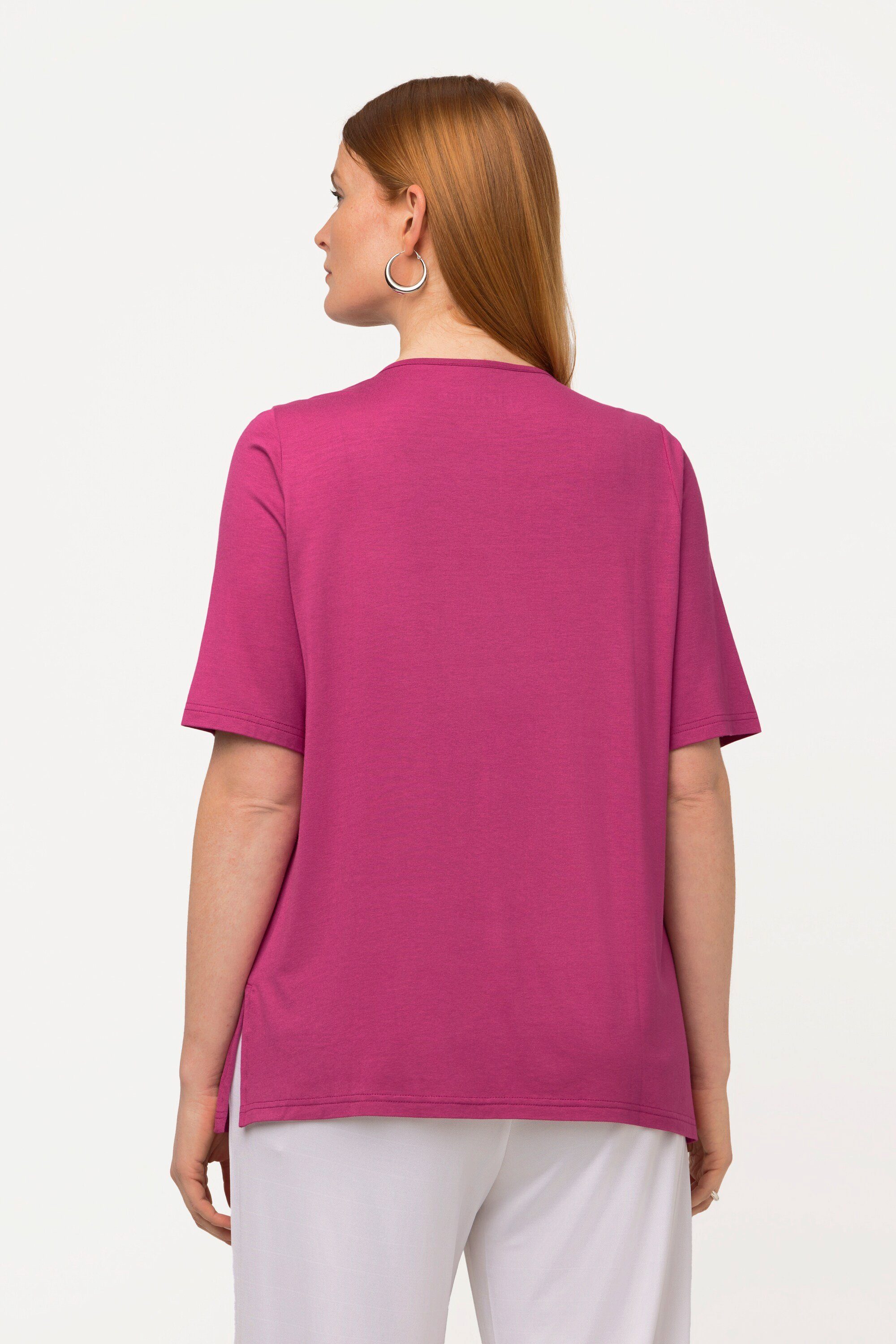 Ulla Popken Rundhalsshirt Halbarm vorne pink doppellagig V-Ausschnitt T-Shirt fuchsia