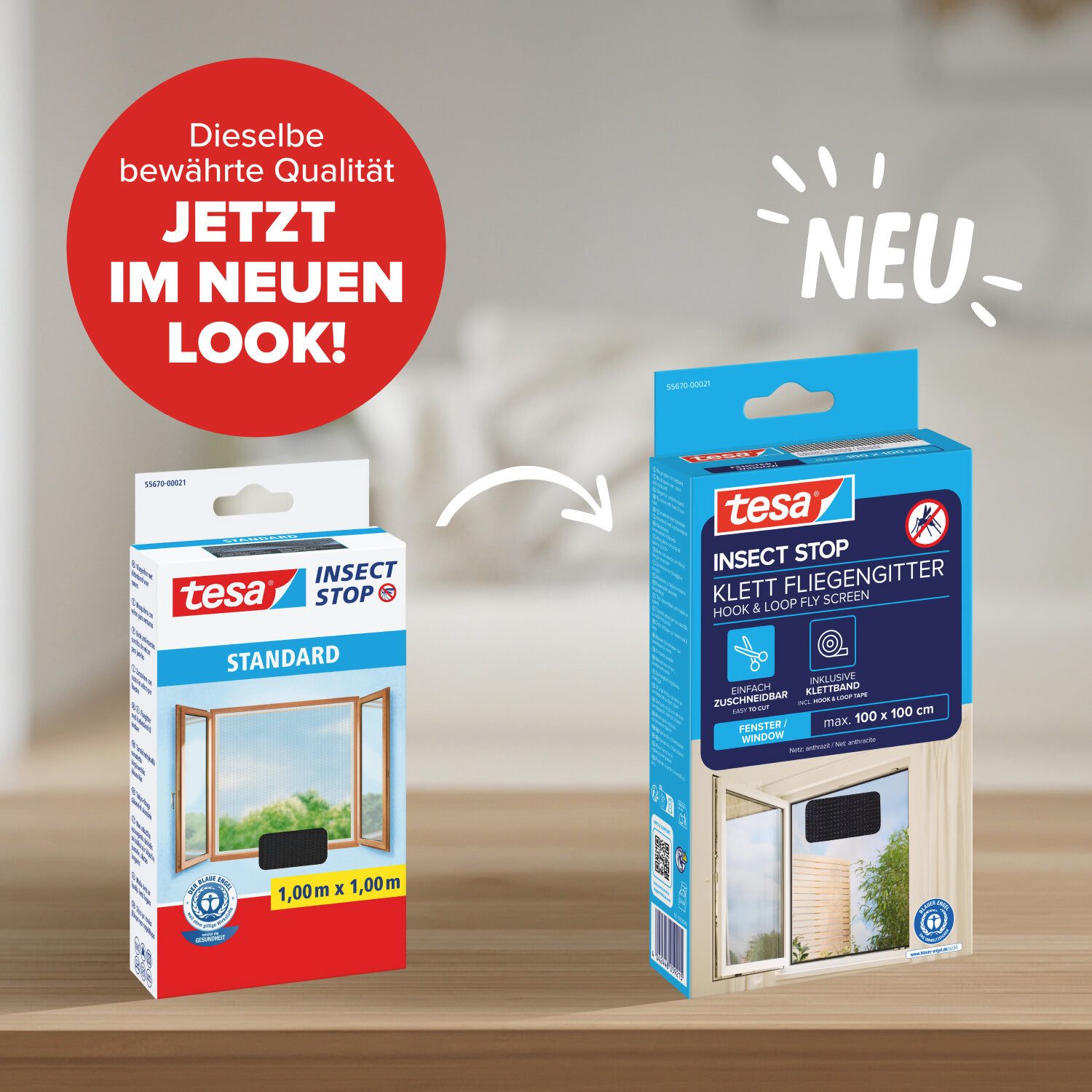 tesa Fliegengitter-Gewebe, (Komplett-Set, 1-St., 1 x Fliegen Netz - 100 cm x 100 cm - Anthrazit (Durchsichtig), mit Klettband, zuschneidbar - Mückenschutz ohne Bohren