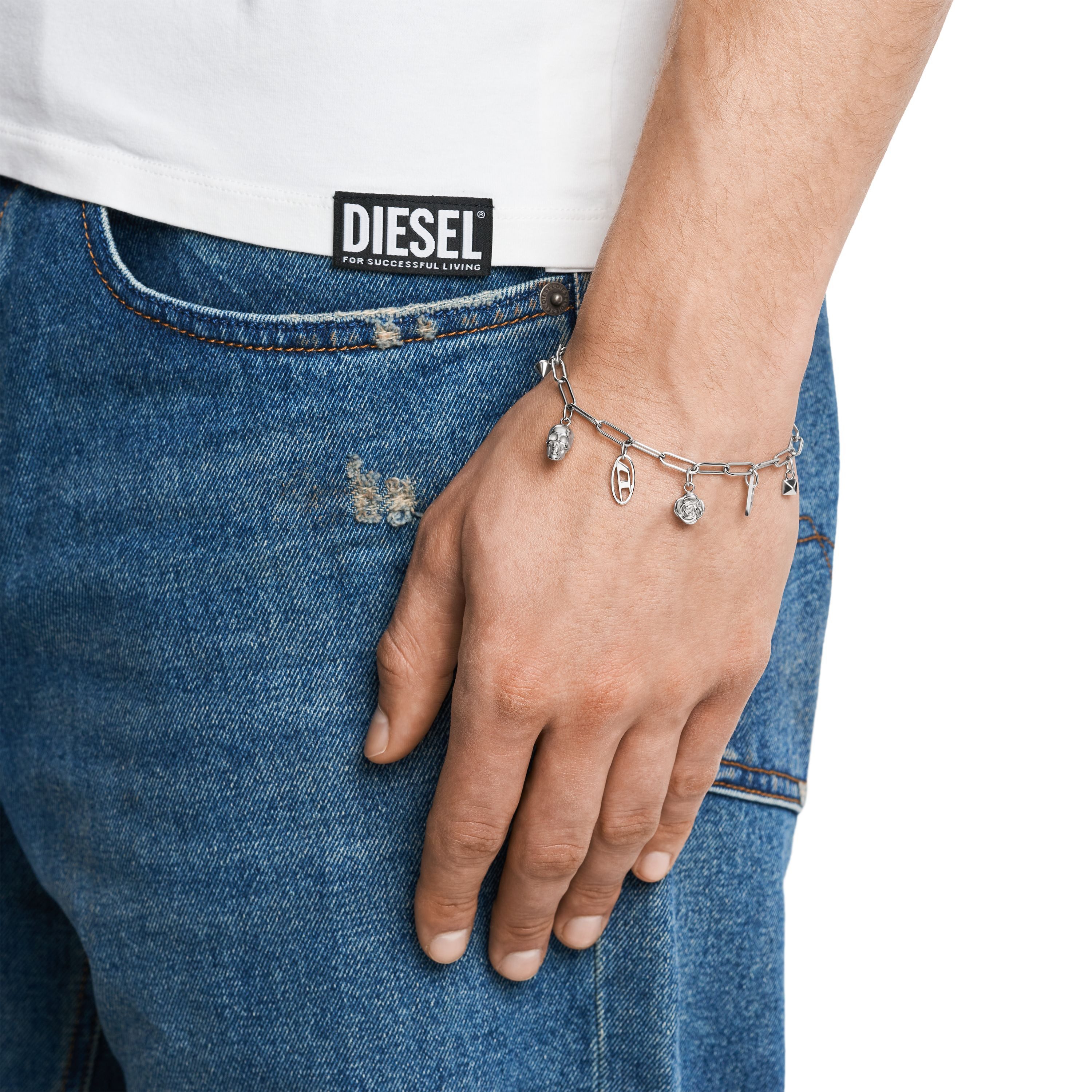 Diesel Charm-Armband Schmuck Geschenk Edelstahl Totenkopf Rose