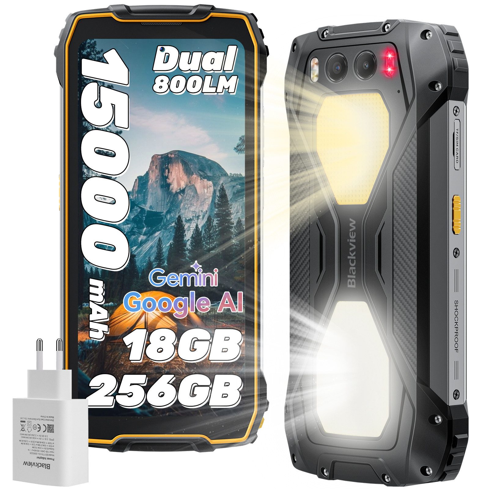 blackview BV7300 256GB 800LM Campinglicht Ohne Vertrag Outdoor Smartphone (6,67 Zoll, 50 MP Kamera, 15000mAh, 45W, 50MP, 32MP, 20MP, 6,67", NFC)