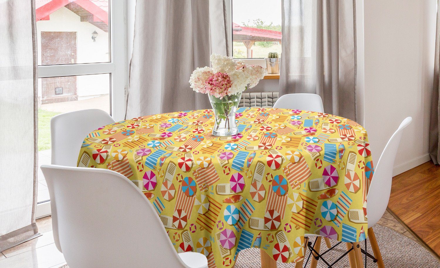 Abakuhaus Tischdecke Kreis Tischdecke Abdeckung für Esszimmer Küche Dekoration, Sommer Strand-Thema Sonnenschirme Handtücher