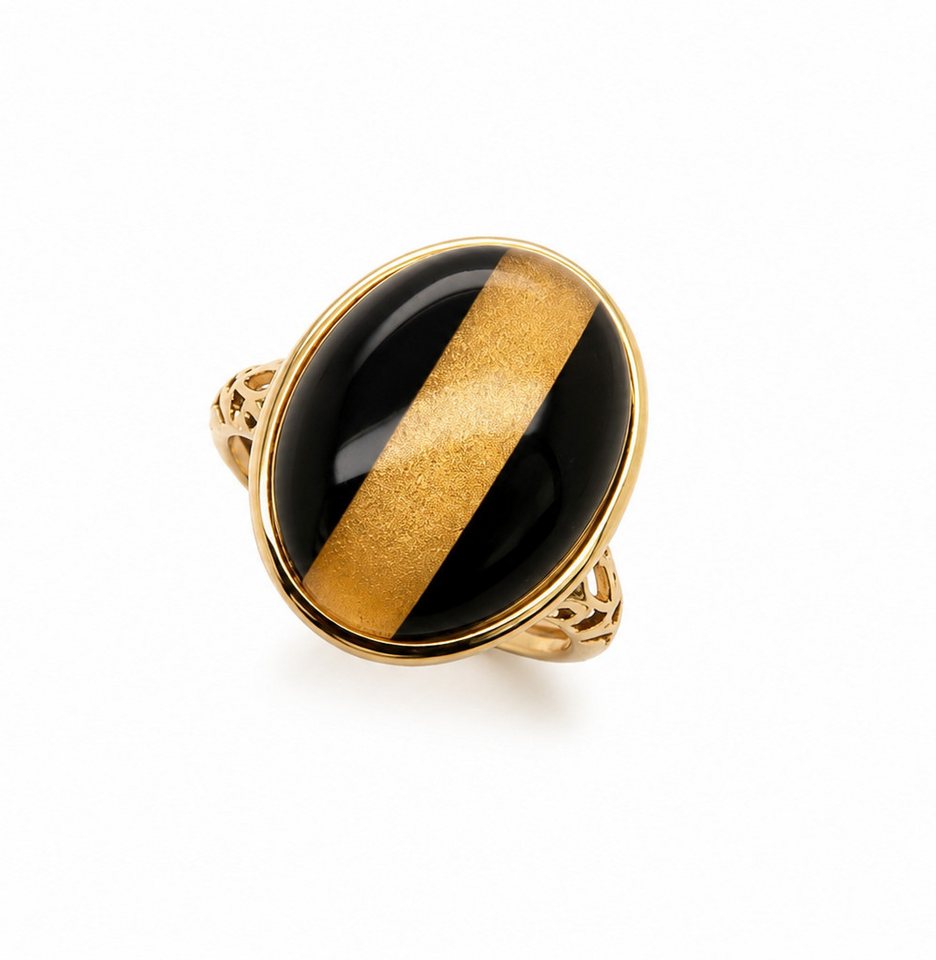 Sogni d'oro Fingerring "Goldene Onyxnacht" mit Onyx, Bergkristall und Blattgold, Silber 925 vergoldet
