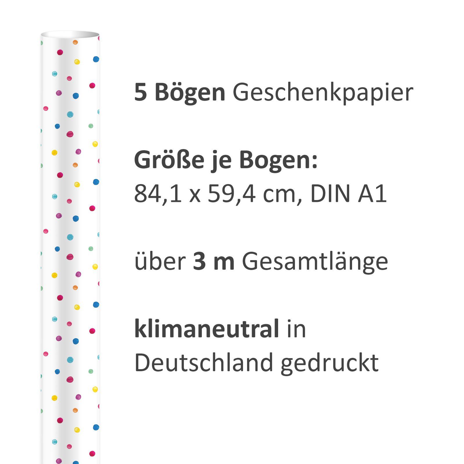 nikima Geschenkpapier 5 Bögen Geschenkpapier Punkte Dots bunt - 1,60€/qm - 84,1 x 59,4 cm, 5 Bögen