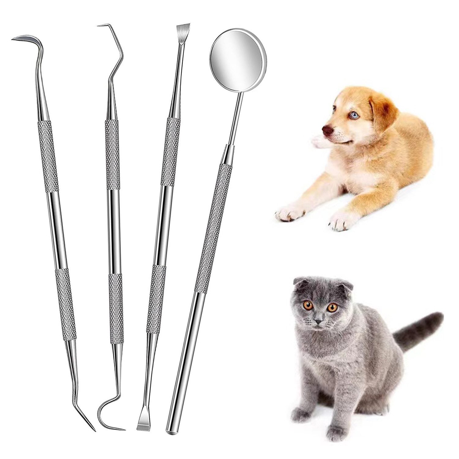 COOL-i ® Tier-Zahnpflegeset Tier-Zahnpflegeset – 4-teiliges Edelstahl-Werkzeug für Hunde & Katzen, zur Entfernung von Zahnstein & für die regelmäßige Maulpflege