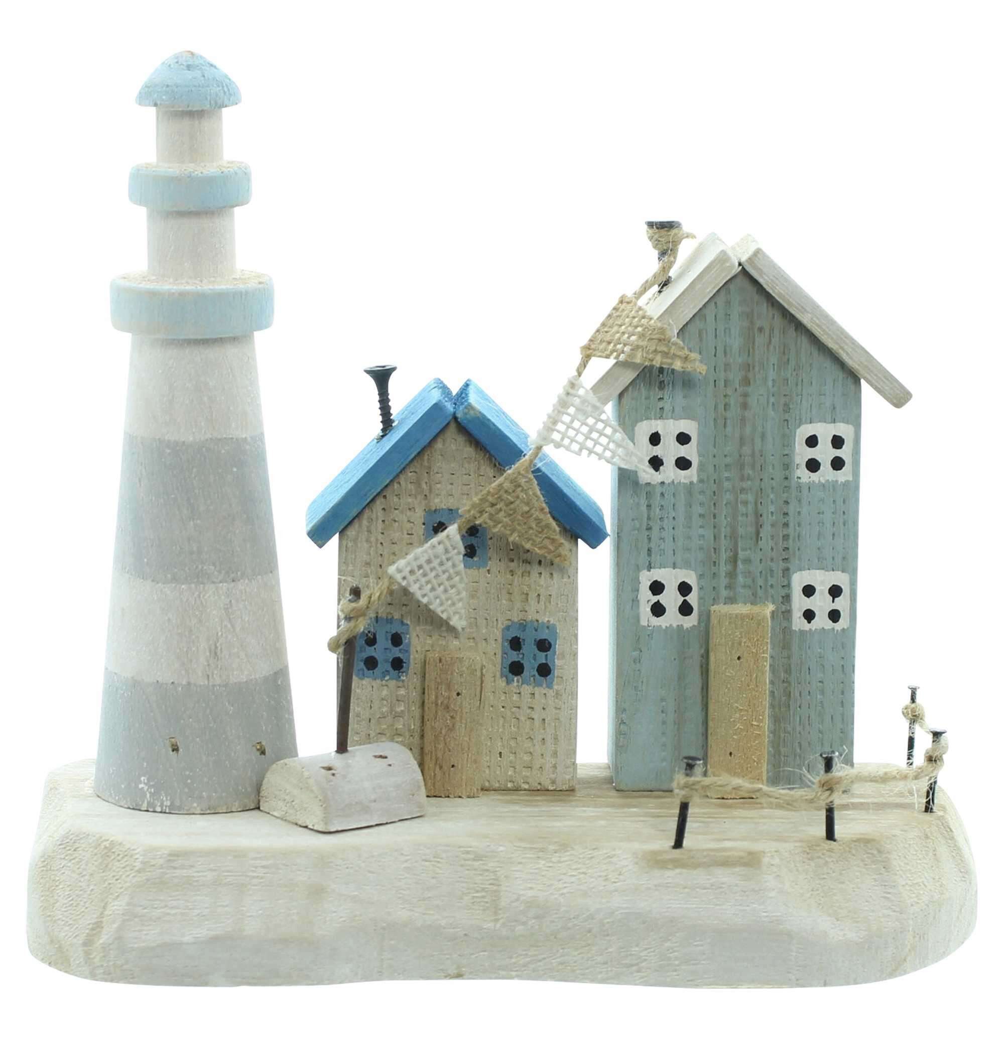 Dekoleidenschaft Dekoobjekt "Küstenpromenade" aus Holz, Häuser & Leuchtturm, maritme Deko Holzdeko, Sommerdeko für Kommode oder Fensterbank, Skulptur