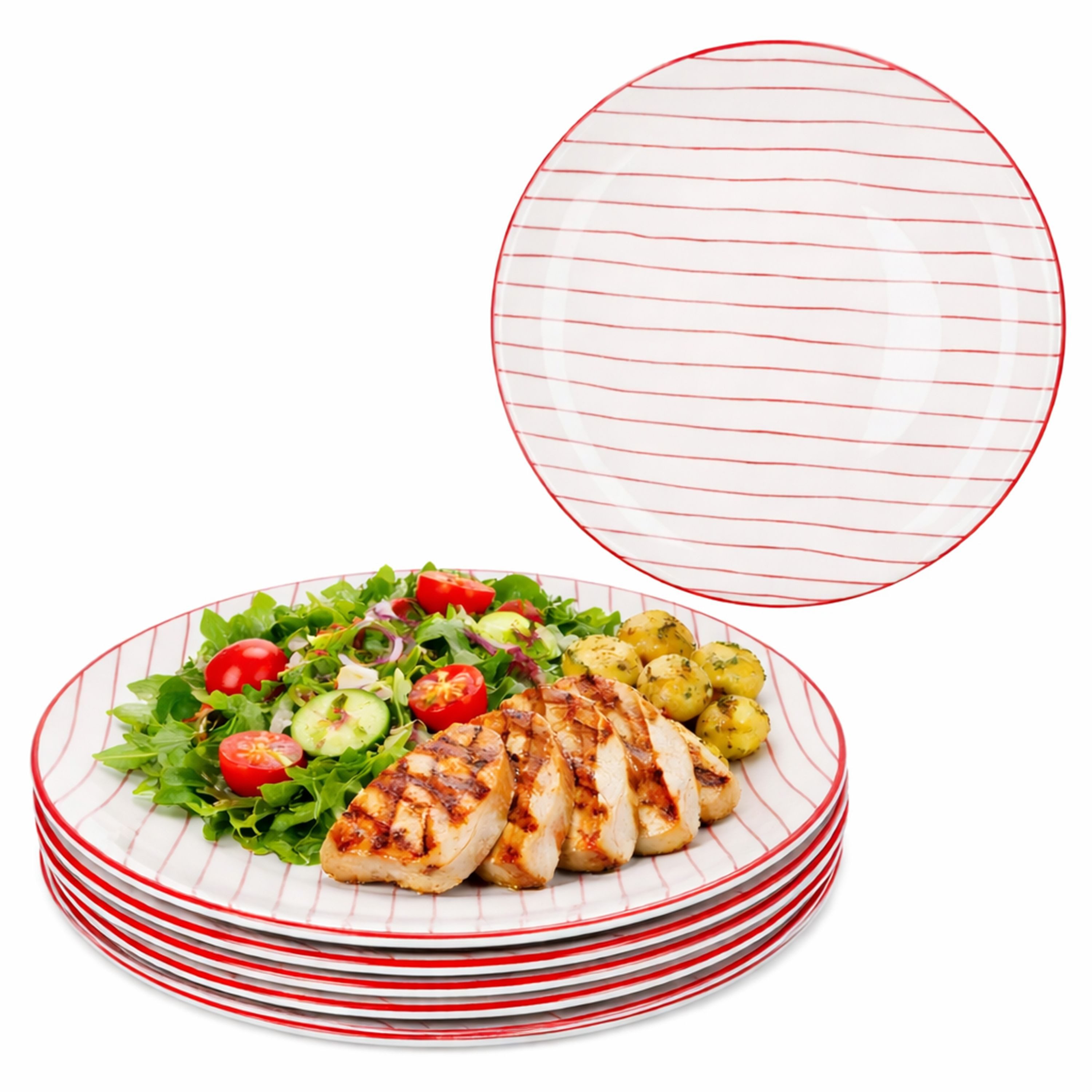 MamboCat Speiseteller MamboCat 6er Set Speiseteller rot gestreift Steingut Ø25,2cm weiß