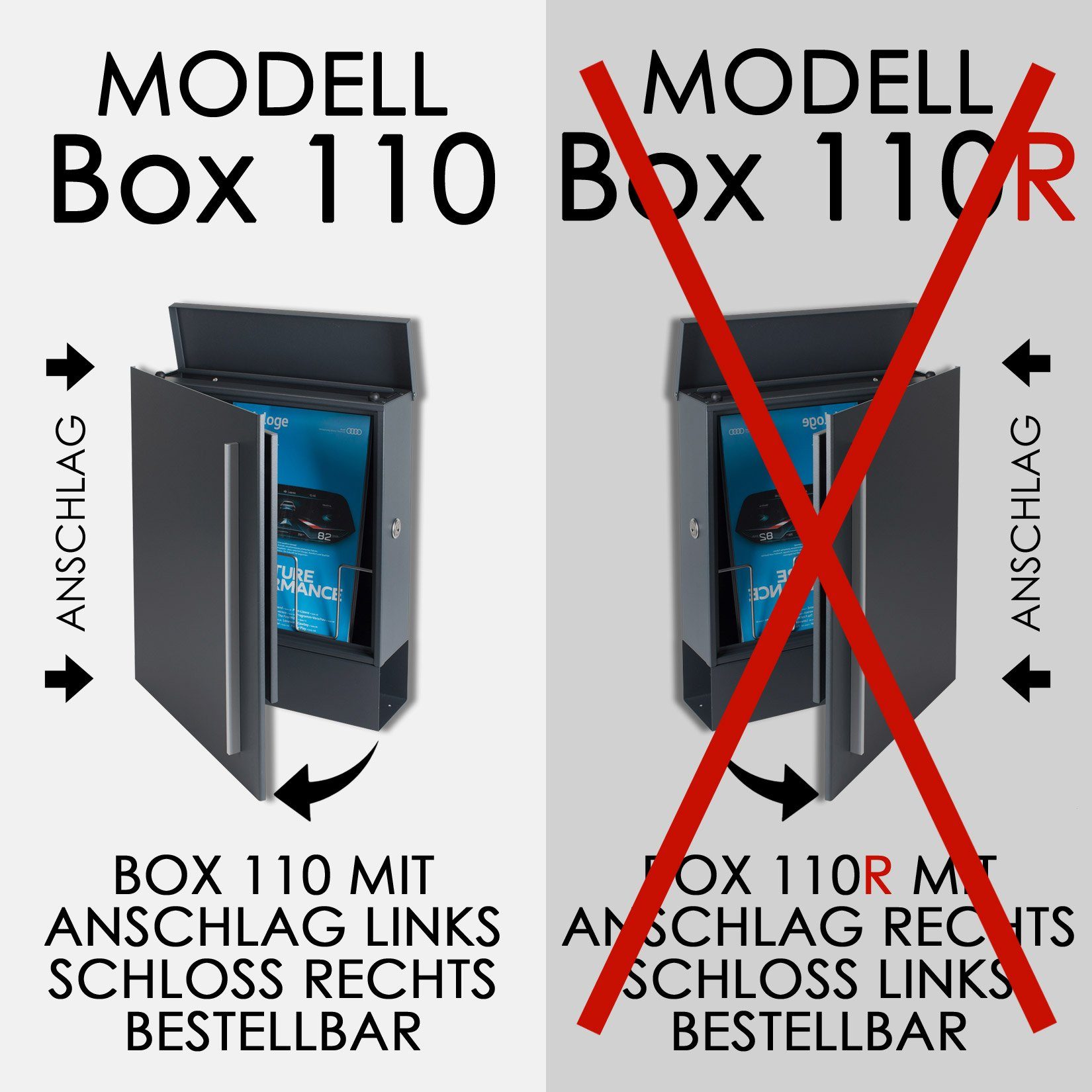 MOCAVI Briefkasten Standbriefkasten mit Zeitungsfach VA SBox Vers Verschluss für Briefkasten nutzbar: beidseitig Wetterseite, grau-aluminium MOCAVI bestellbar) integriert; (RAL Box (einbetonieren), 9007) 1 passender mit Pfosten (zusätzlich 110b