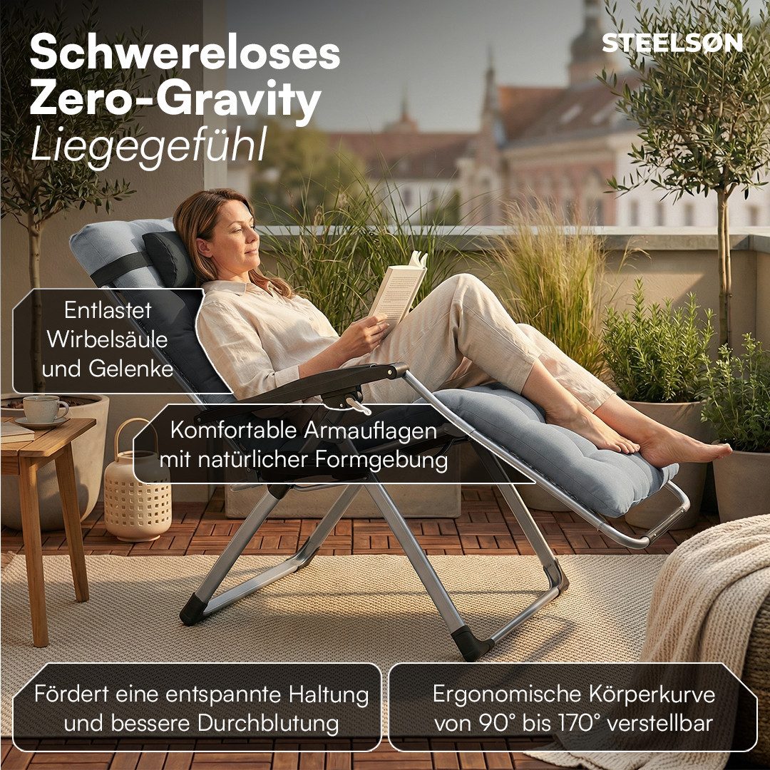 STEELSØN Gartenliege Lysira klappbarer Zero-Gravity-Stuhl, grau/silber, outdoor Liegestuhl, mit atmungsaktiven Polsterauflagen, Sonnenliege mit Getränkehalter