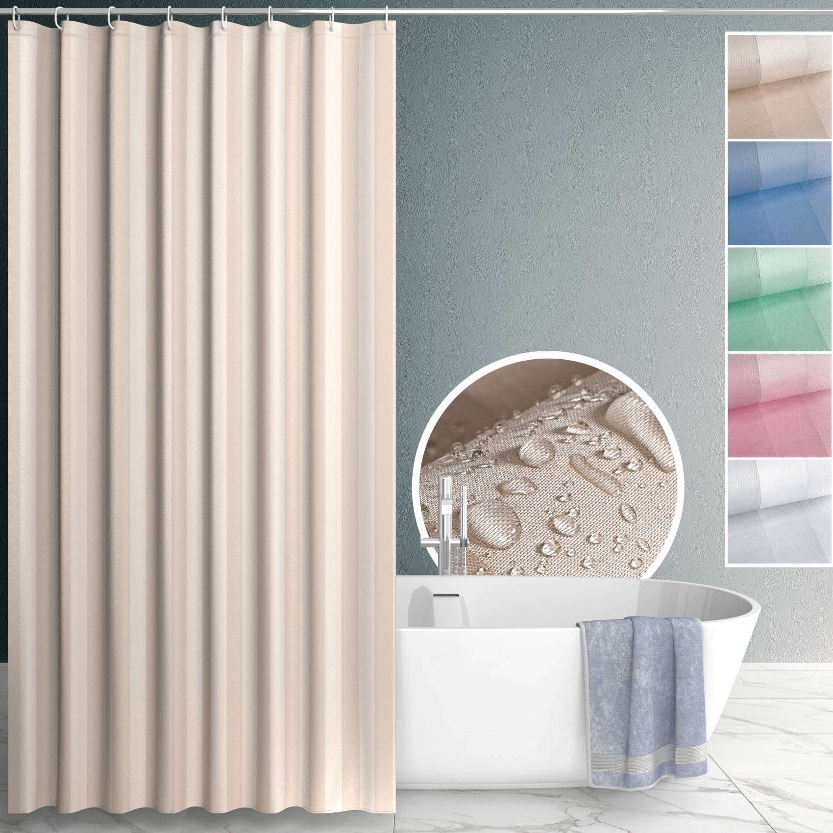 ANRO Duschvorhang aus Italien hochwertig verarbeitet mit Ösen und Haken aus Kuststoff Breite 120 cm (Packung, 1-tlg., Duschvorhang inkl. Aufhängeringe), robuster Vorhang für Stangenaufhängung in Größe 200x120cm in natur