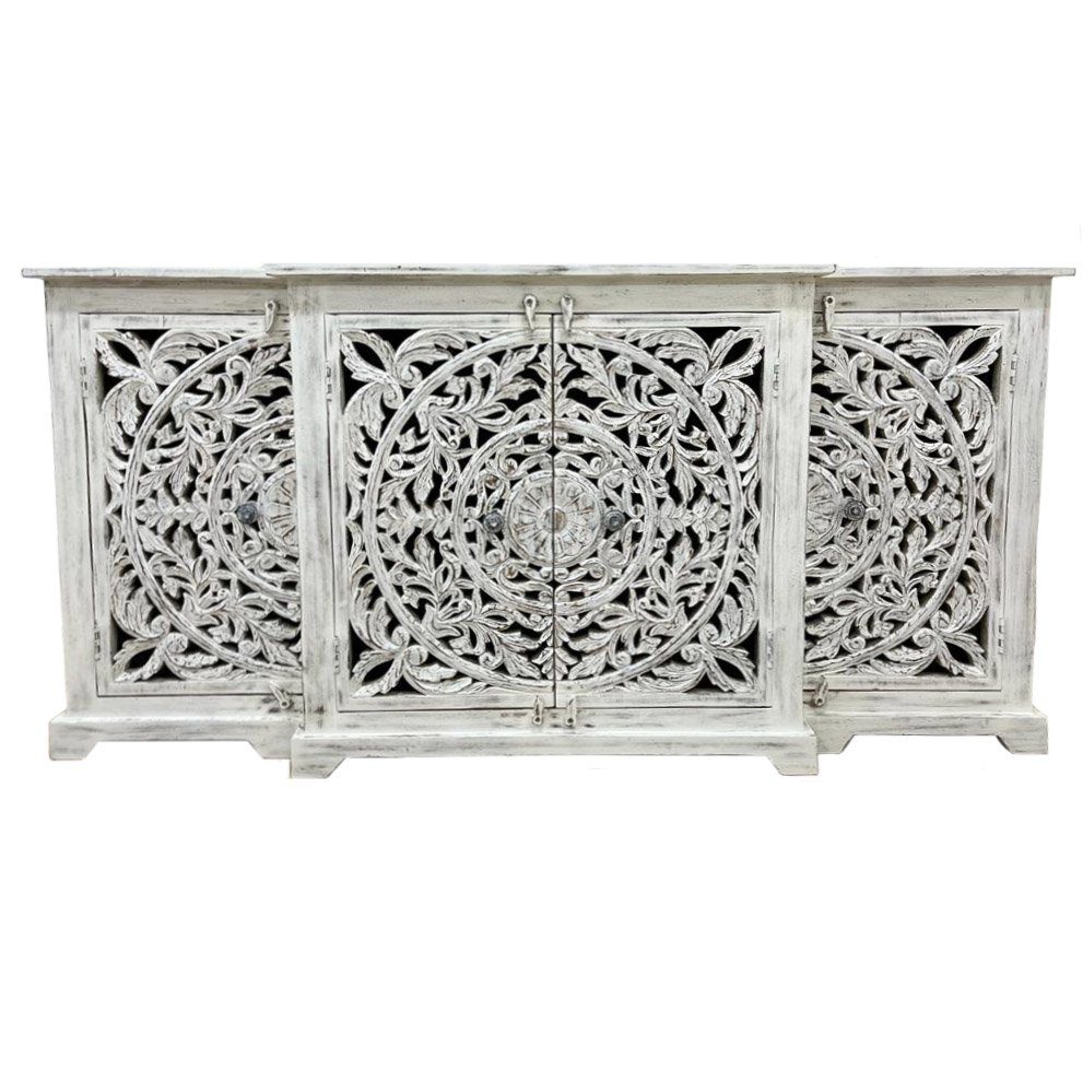 Oriental Galerie Unterschrank Weiß Whitewash Sideboard Mira Weiß 180 cm Handarbeit