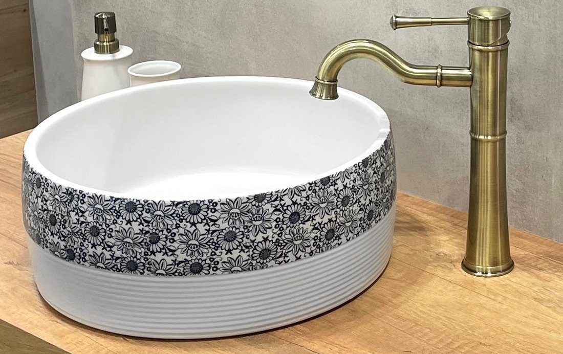 Sapho Waschtisch PRIORI Keramik-Waschtisch Ø 41 cm, weiß mit blau Muster, Sapho-PI027