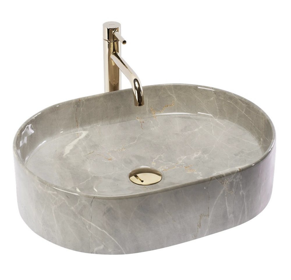 Thumbnail - wohnwerk.idee Aufsatzwaschbecken Waschtisch Keramik Waschbecken Marmoroptik Beige Naturstein Design