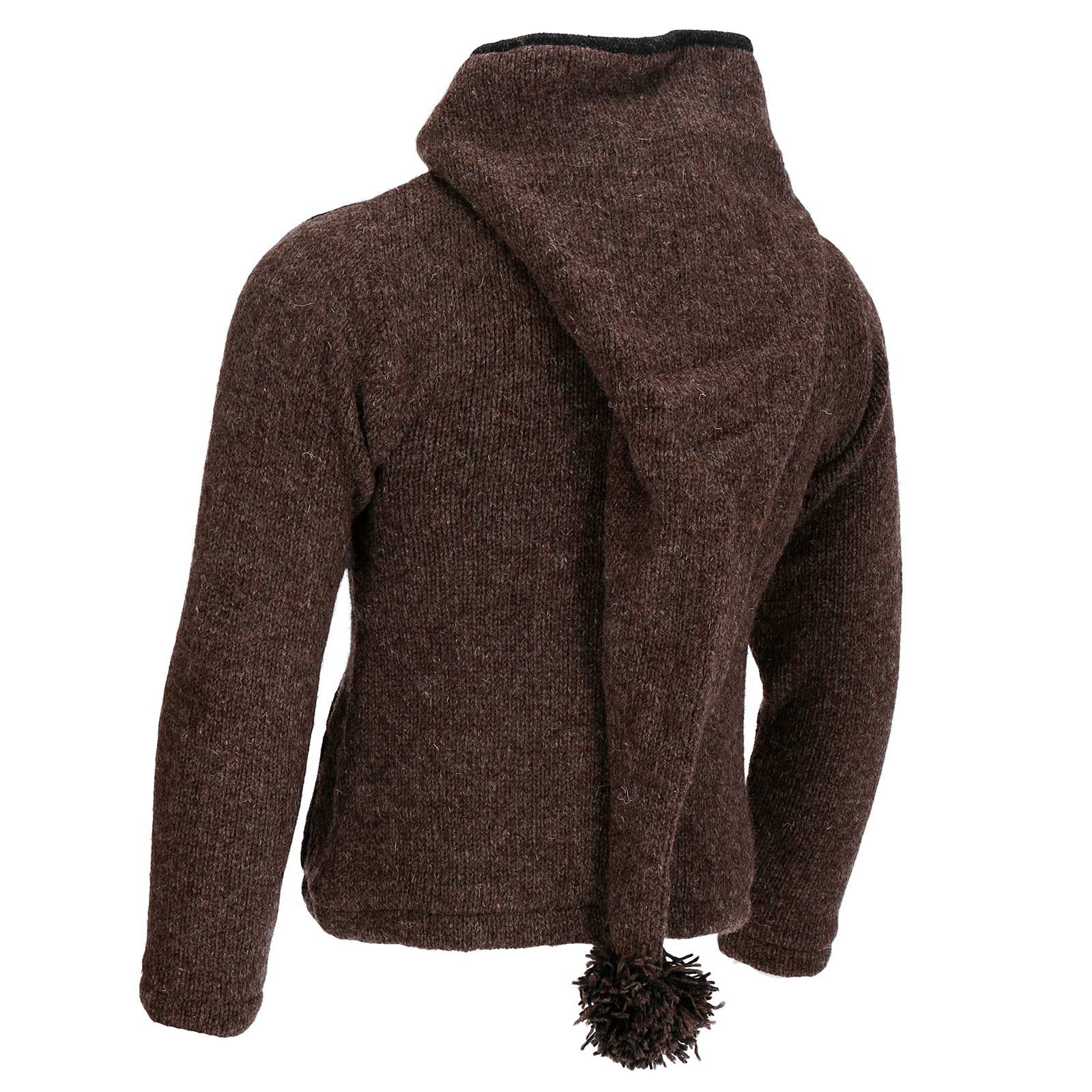 KUNST UND MAGIE Strickjacke Strickjacke Goa Wolle Jacke Fleecefutter Zipfelkapuze Unisex Fair