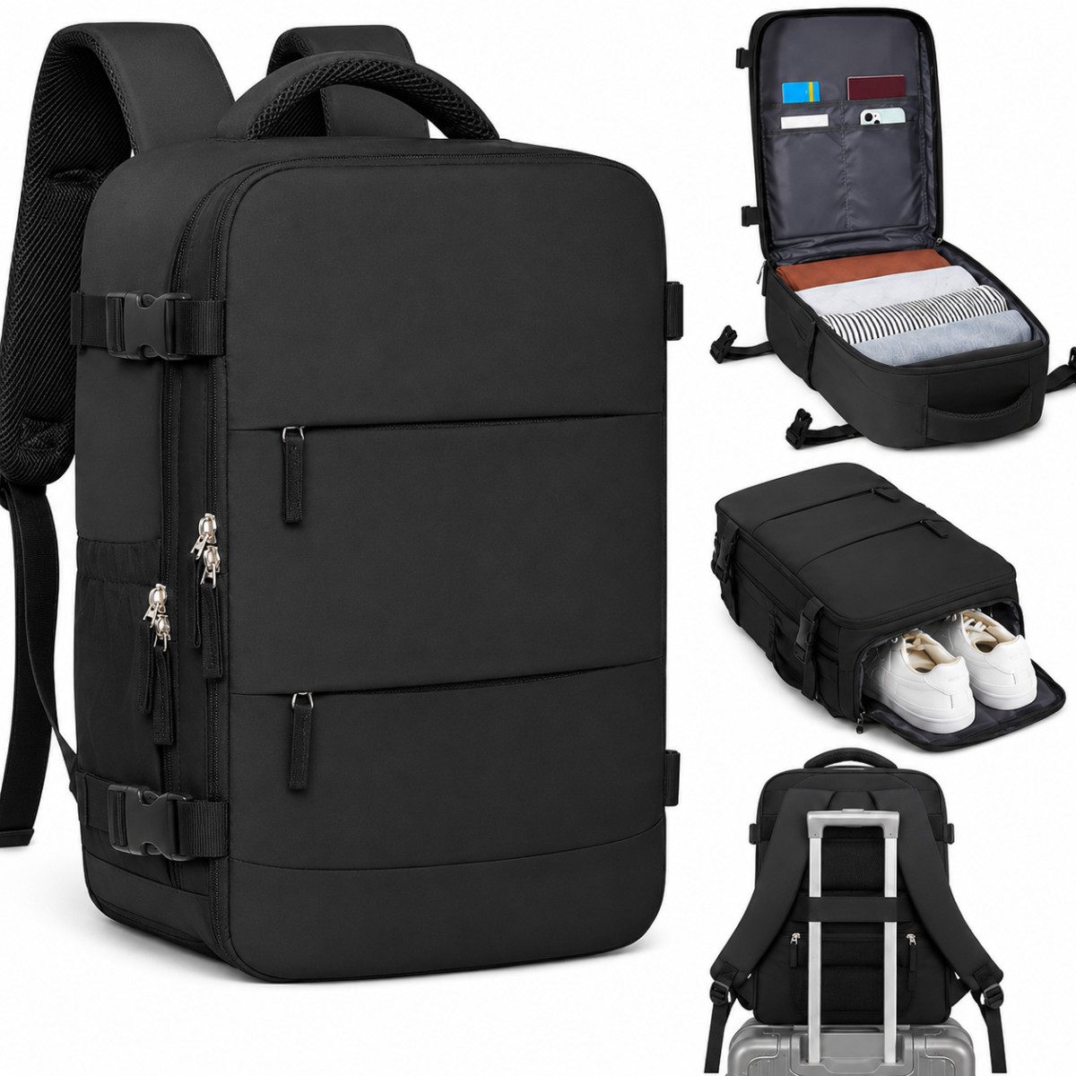 R2 Invest Reiserucksack 44 × 30 × 14 cm Handgepäck mit Schuhfach Schwarz (1-tlg)