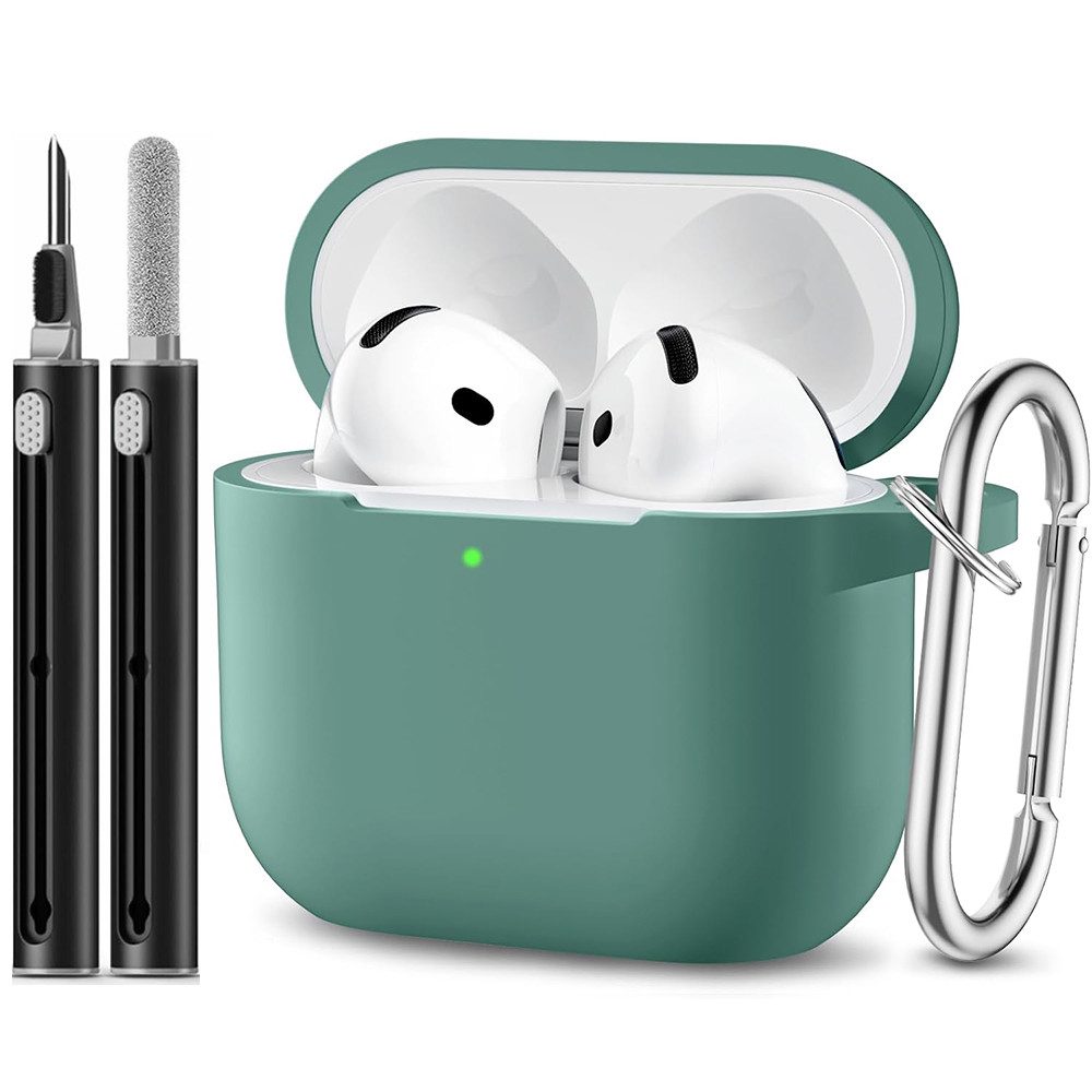 TUWENA Kopfhörer-Schutzhülle Silikon Hülle Kompatibel mit AirPods 4, mit Reinigungsset & Karabiner, Support Wireless Charging and Front LED Visible mit Schlüsselring