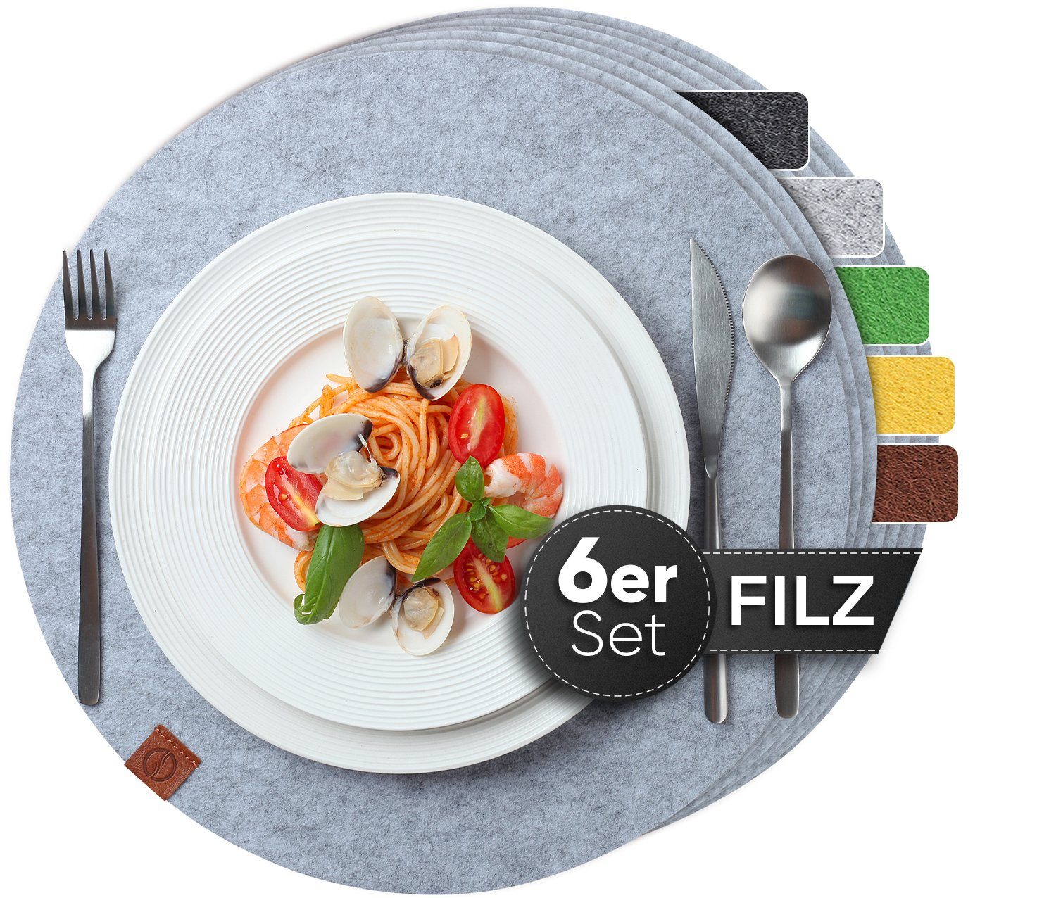 Platzset, Edles Platzset aus Filz 6er - Platzdeckchen Filzmatte, Hellgrau Tischuntersetzer Abwischbar - Loco - Waschbare Filzuntersetzer Untersetzer - Bird Rund Set Tischset