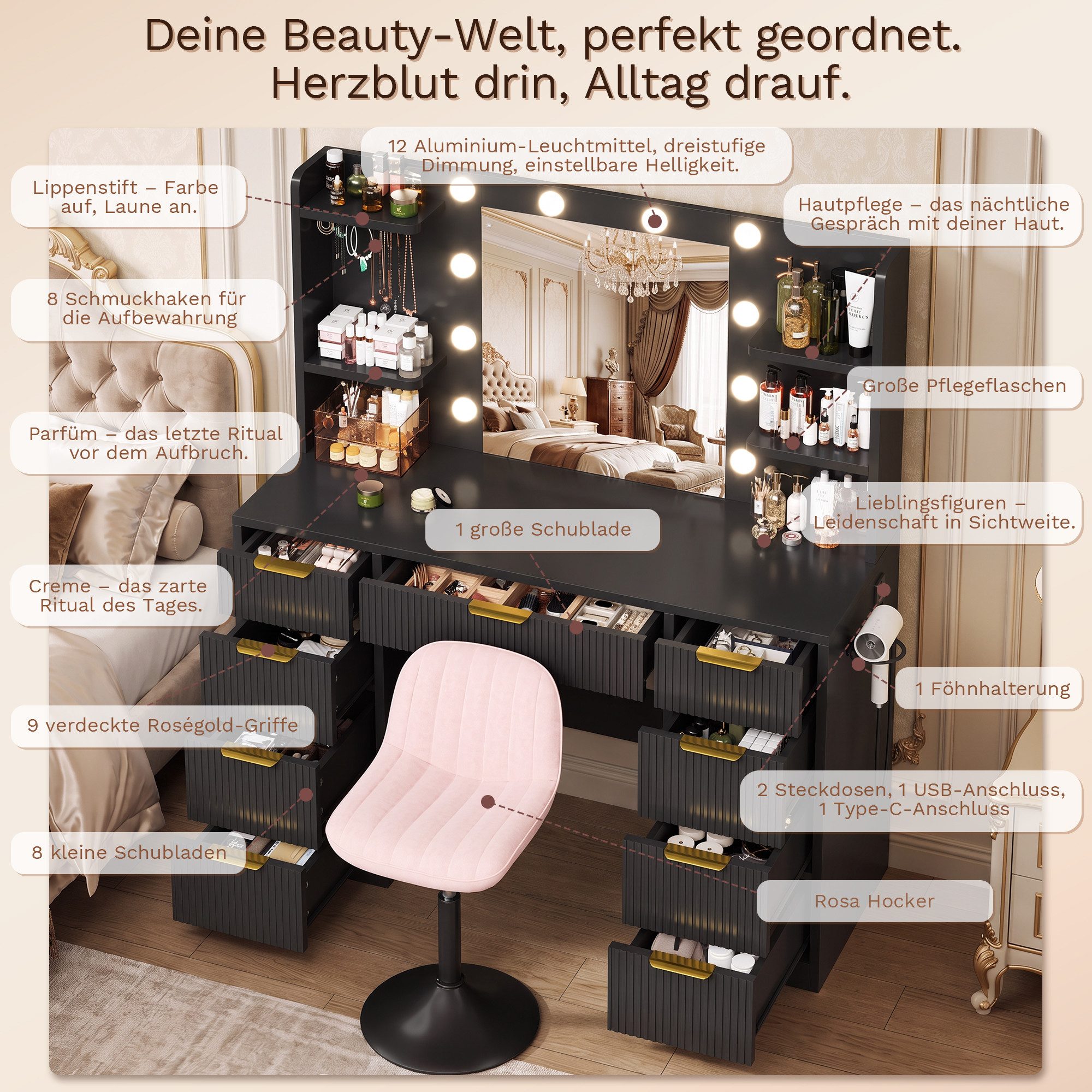 HOMALL Schminktisch LED-Beleuchtung, optional als Set mit Hocker erhältlich (Maße: 108 × 40 × 137 cm, 6 offene Ablagefächer, mit Schmuckhaken, 9 Schubladen, aus – Bild 4 von 5