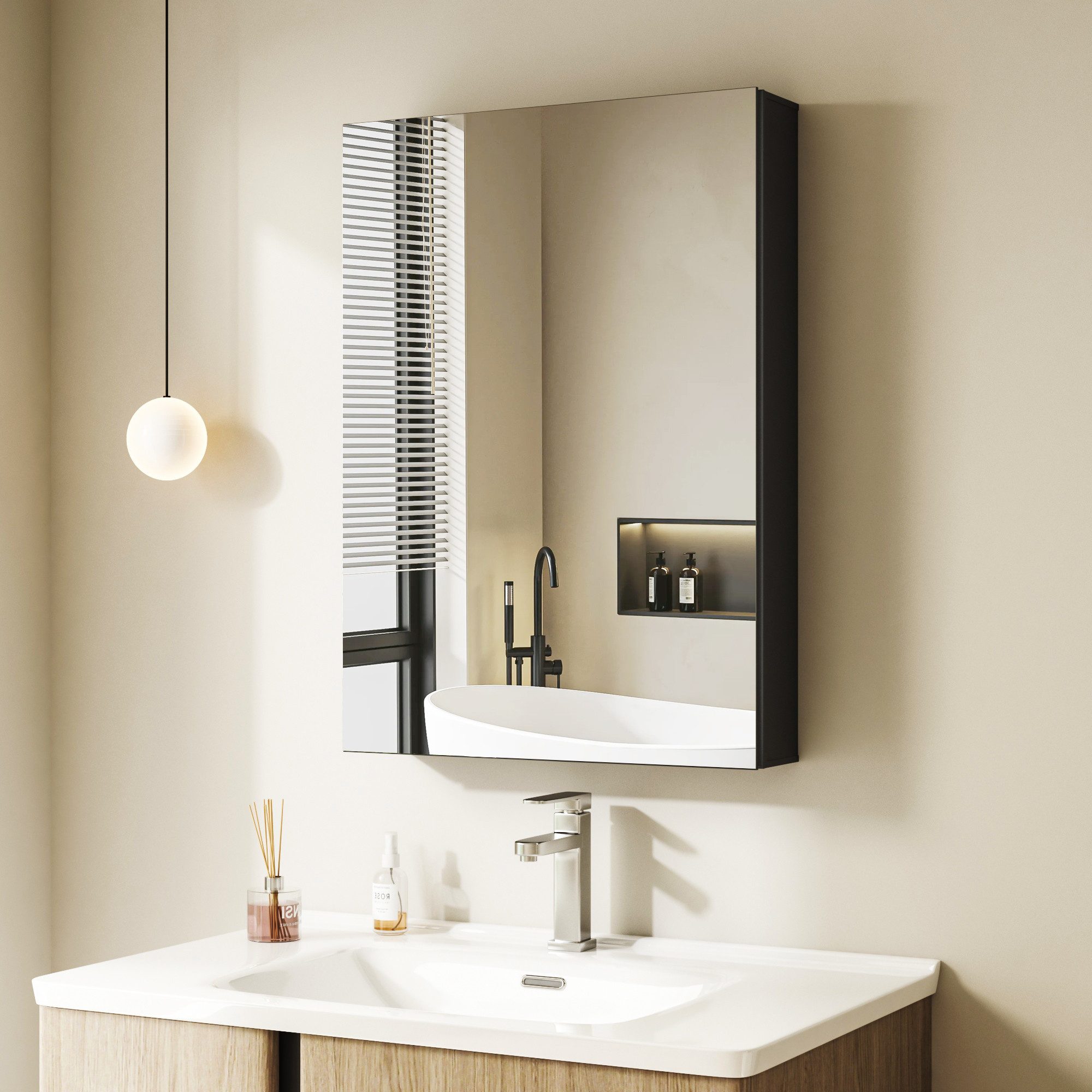 Hopibath Badezimmerspiegelschrank Alu Spiegelschrank Schwarz 2türig 80x60cm 1 türig 50x70 40x60cm (Rechteckig Eckig Wandschrank Badezimmer Badschrank, Doppel Spiegel) Verstellbare Glasboden, Wandbohrungen