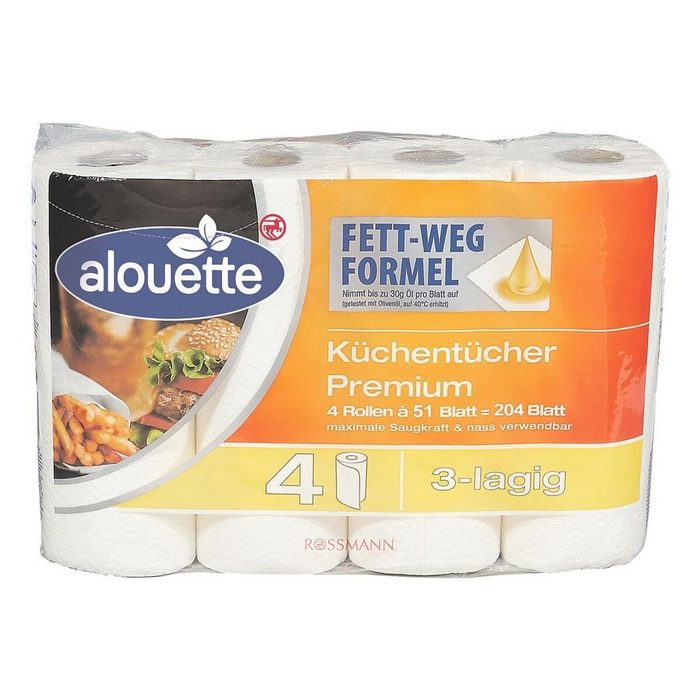 alouette Papierküchenrolle Premium (4-St) 3-lagig weiß trocken & nass mit Fett-Weg-Formel 51 Blatt/Rolle