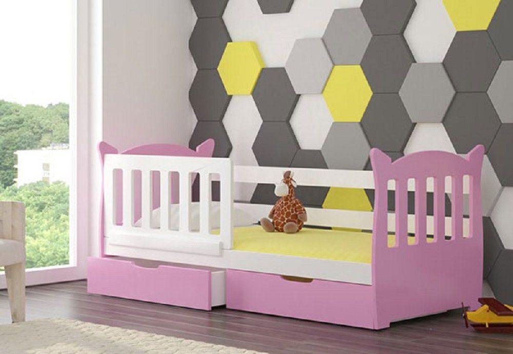 Feldmann-Wohnen Kinderbett LENA (mit 2 Schubladen), Farbe wählbar Kiefer weiß / Absetzungen: rosa